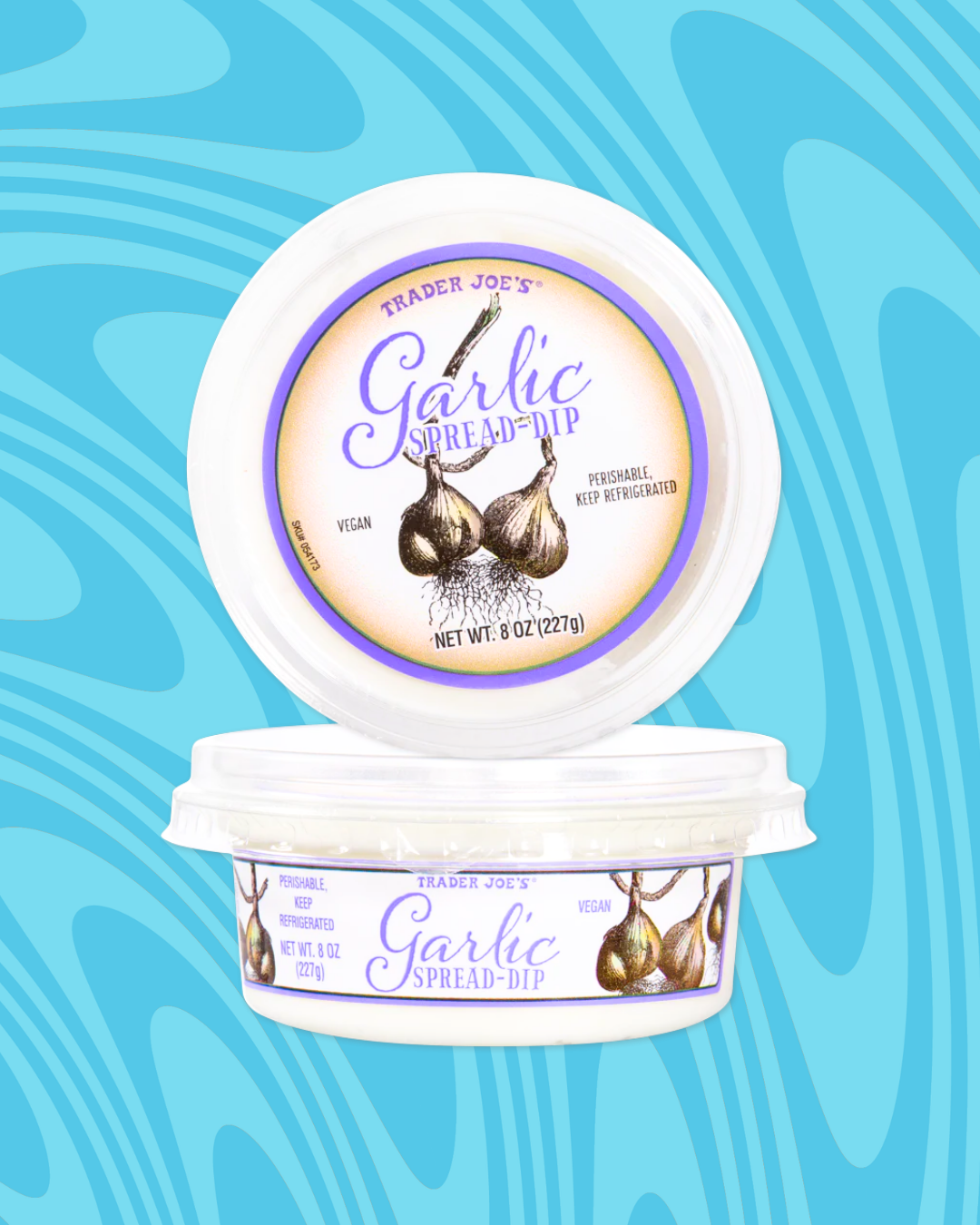 Trader Joe's Garlic Spread-Dip container, labeled vegan and perishable, with garlic bulb illustrations on a patterned background