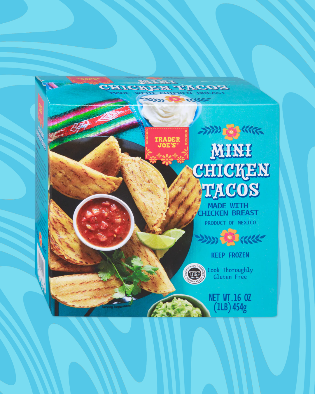 Trader Joe's Mini Chicken Tacos box with grilled tacos, salsa, and guacamole depicted on a blue patterned background