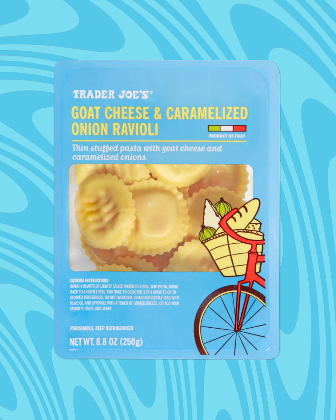 Package of Trader Joe's goat cheese and caramelized onion ravioli with an illustration of a bicycle carrying groceries