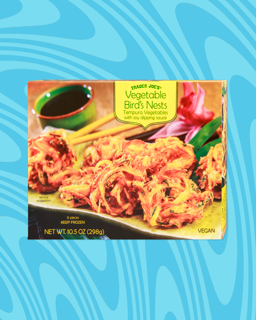 Package of Trader Joe's Vegetable Bird's Nests, tempura vegetables with soy dipping sauce; 10.5 oz, vegan