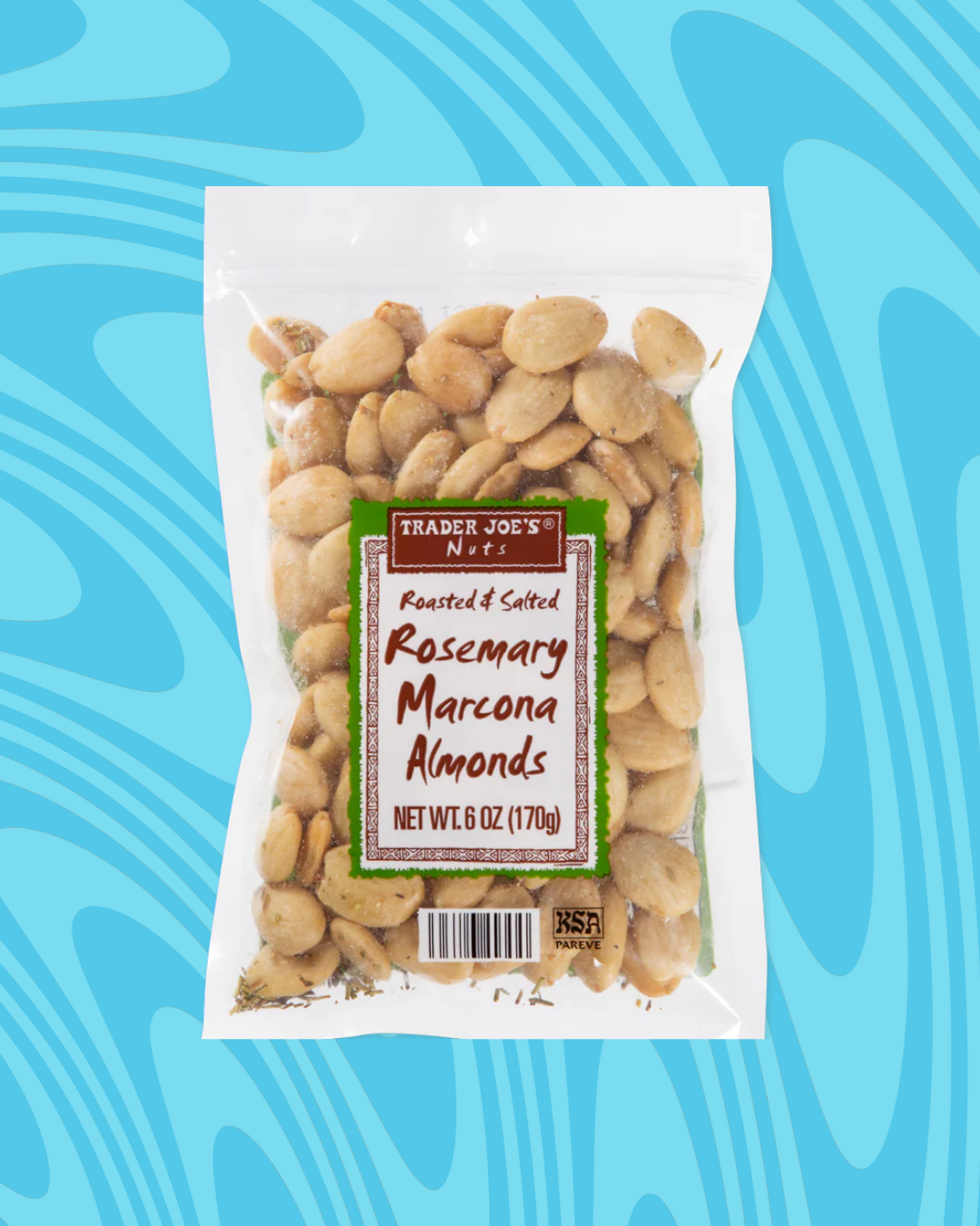 Bag of Trader Joe's roasted and salted rosemary Marcona almonds against a swirling blue background