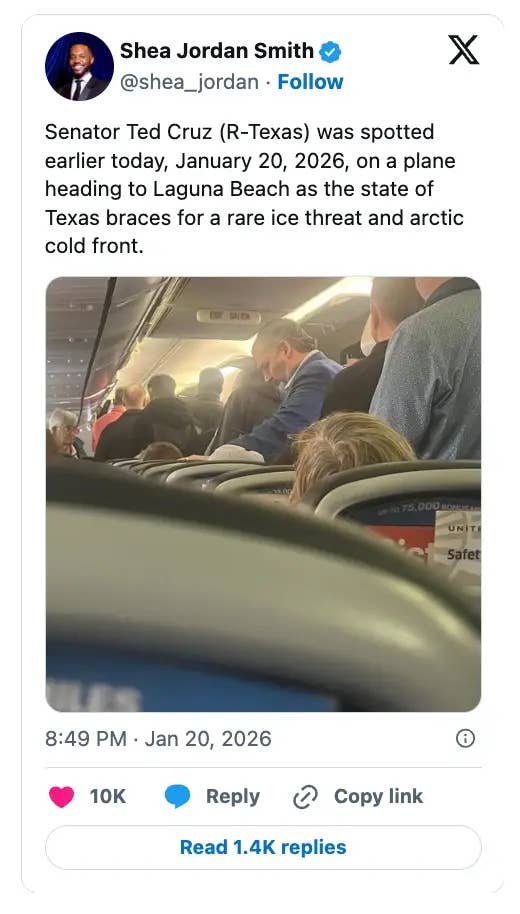 Tweet showing Senator Ted Cruz connected  a plane, dated January 20, 2026, mentioning a uncommon  crystal  menace  successful  Texas