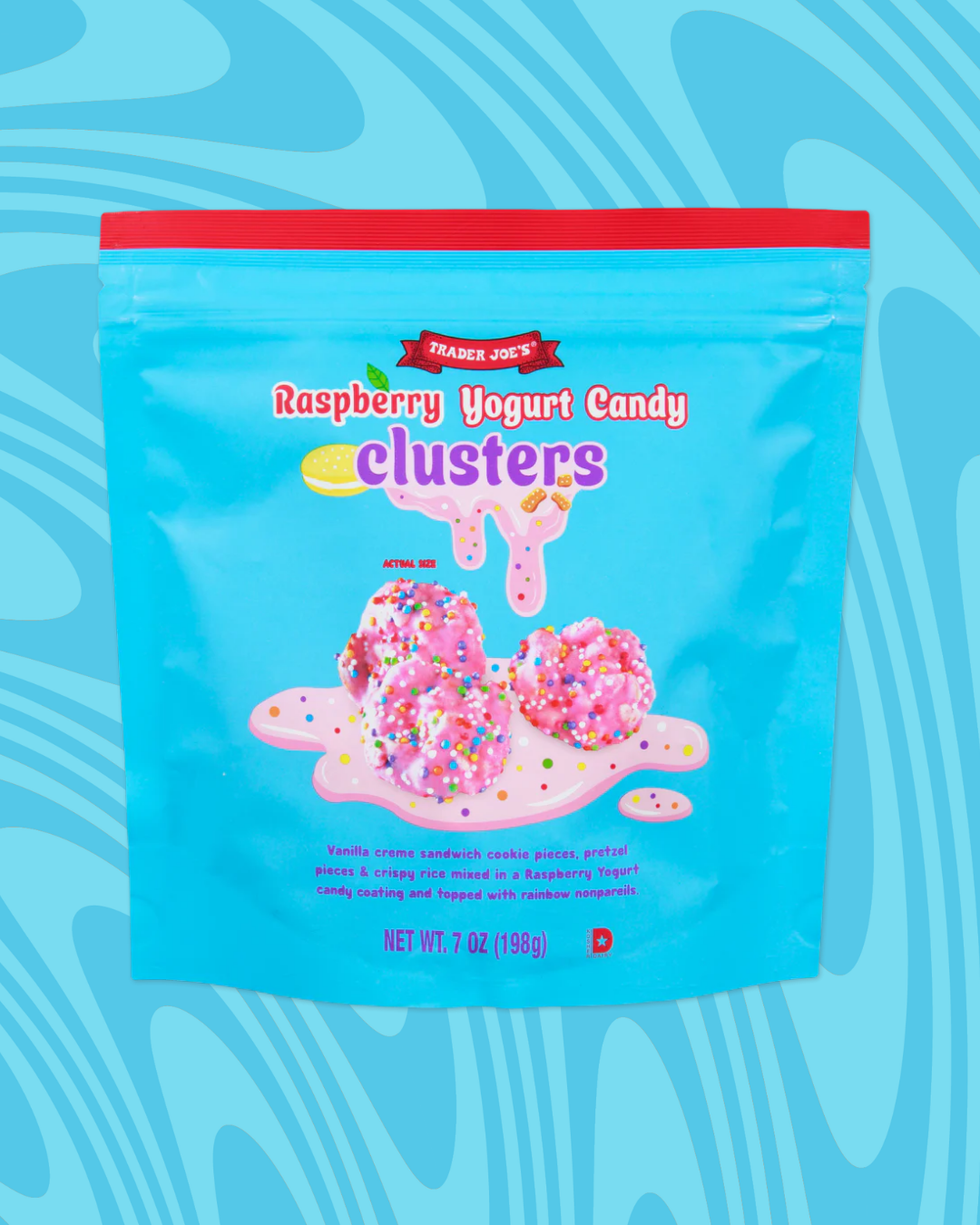 Packaging of Trader Joe's Raspberry Yogurt Candy Clusters, highlighting pink candy pieces against a blue background