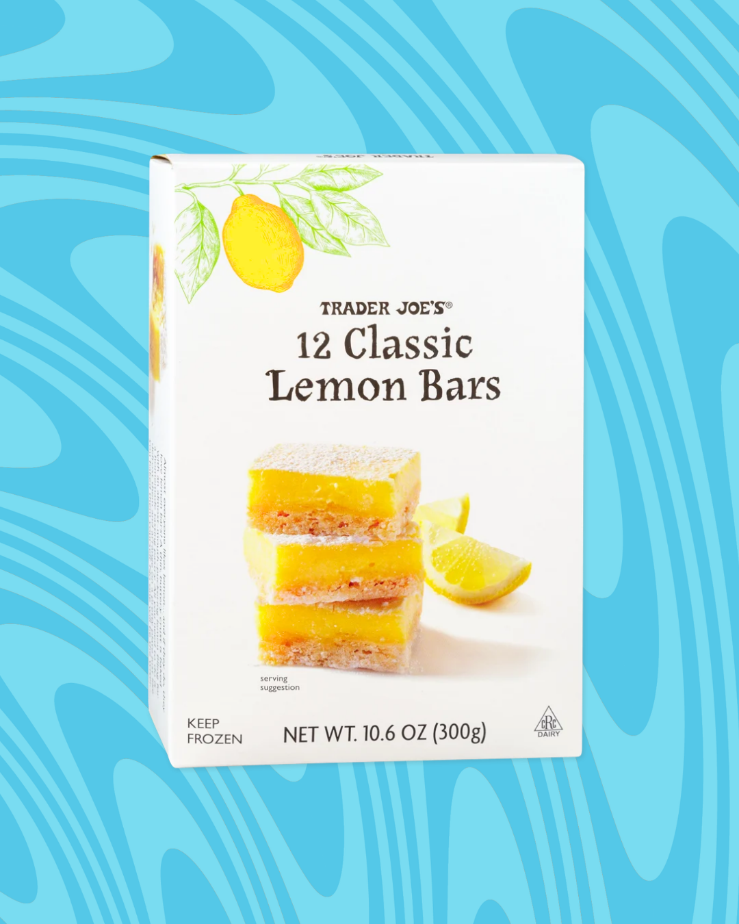 Box of Trader Joe's 12 Classic Lemon Bars with an image of lemon bars and a lemon illustration on the packaging