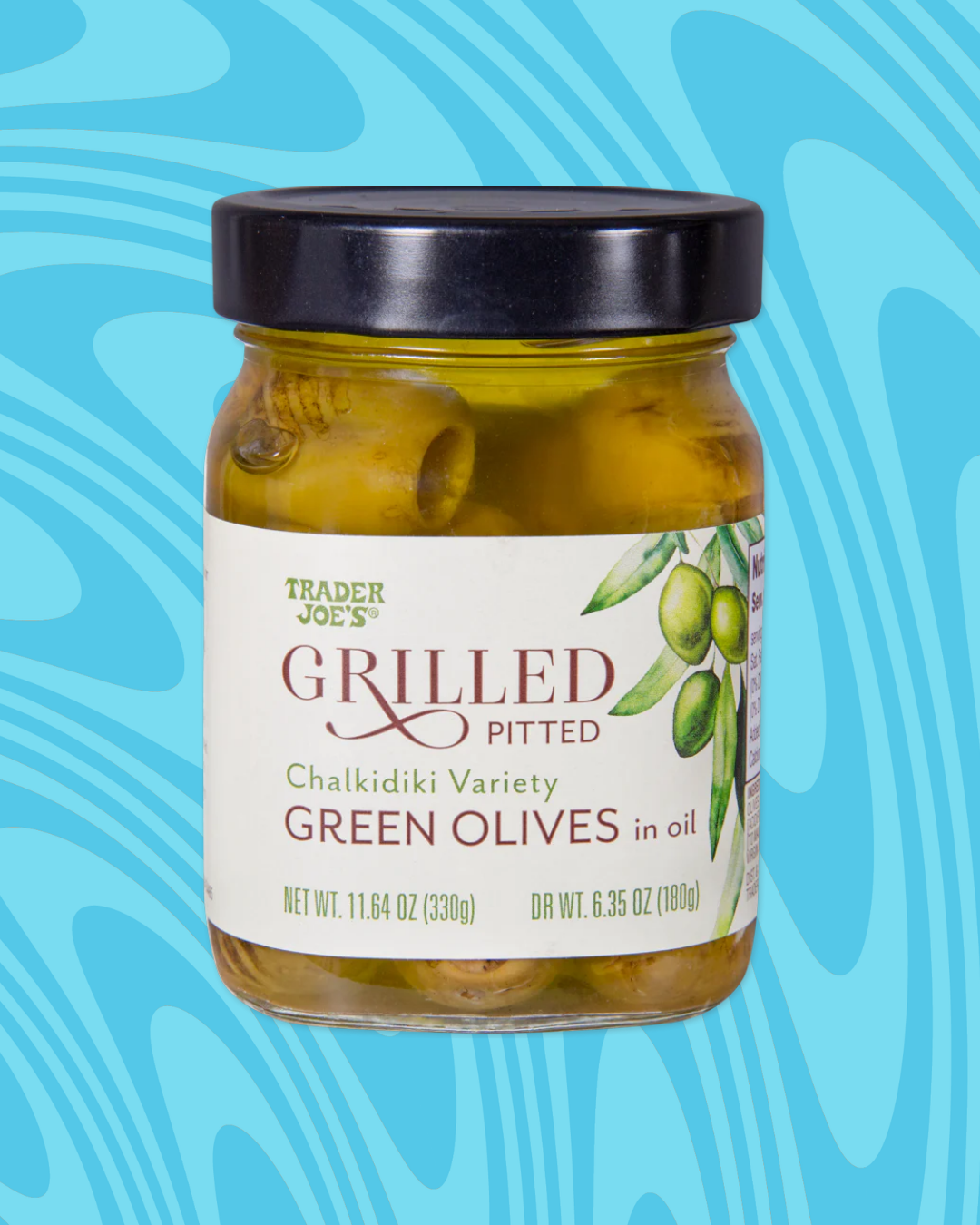 Jar of Trader Joe's Grilled Pitted Chalkidiki Variety Green Olives in oil with a decorative label