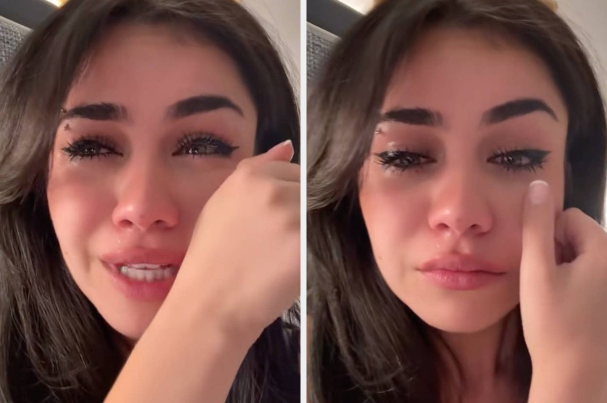 A person with dark hair appears emotional, wiping tears and looking solemn in close-up images