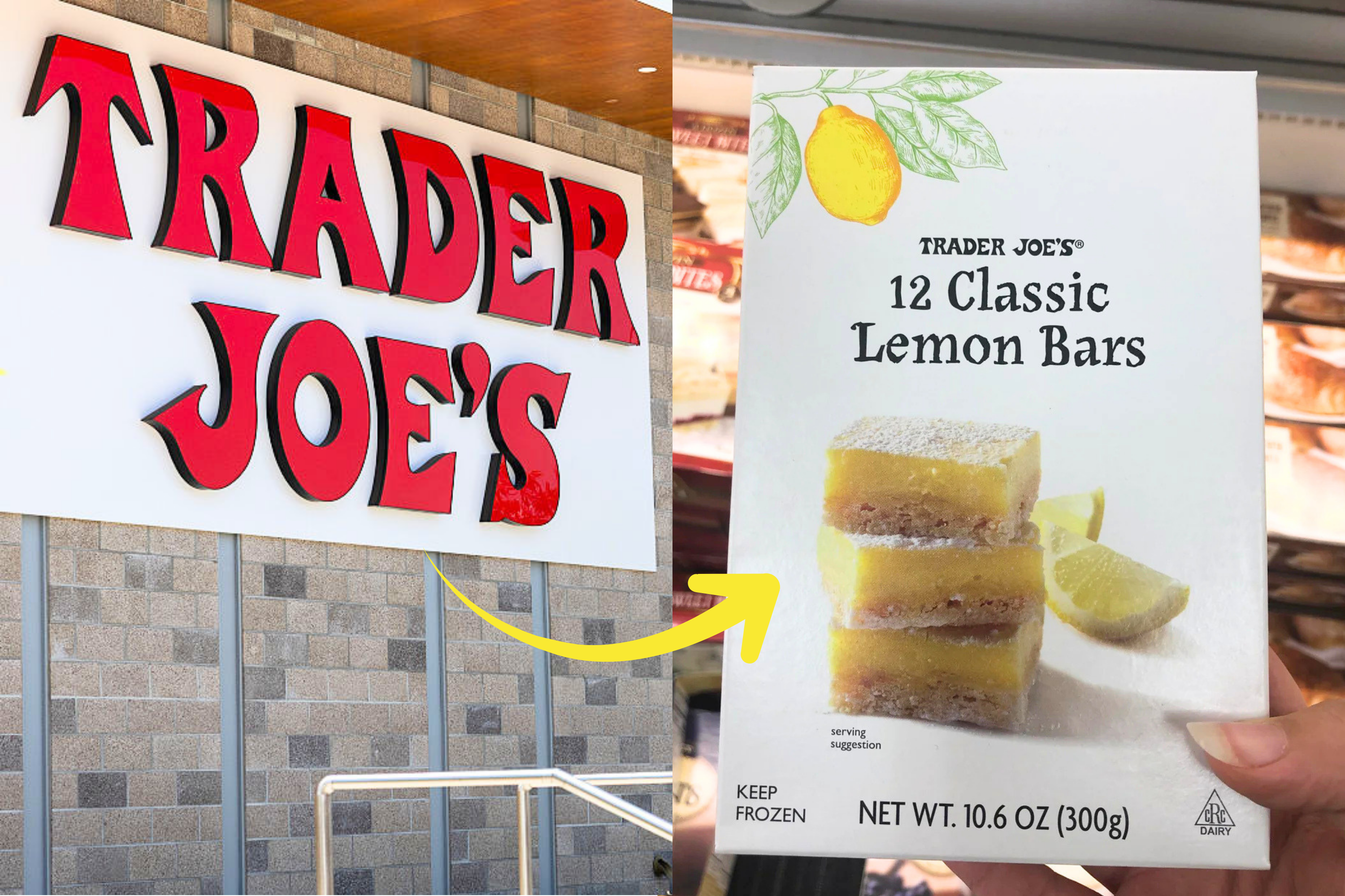 Trader Joe's store sign and a hand holding a box of Trader Joe's 12 Classic Lemon Bars with a sliced lemon image