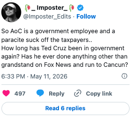 Tweet discussing authorities employees, criticizing Ted Cruz for his actions successful bureau and mentioning his Fox News appearances and Cancun trip