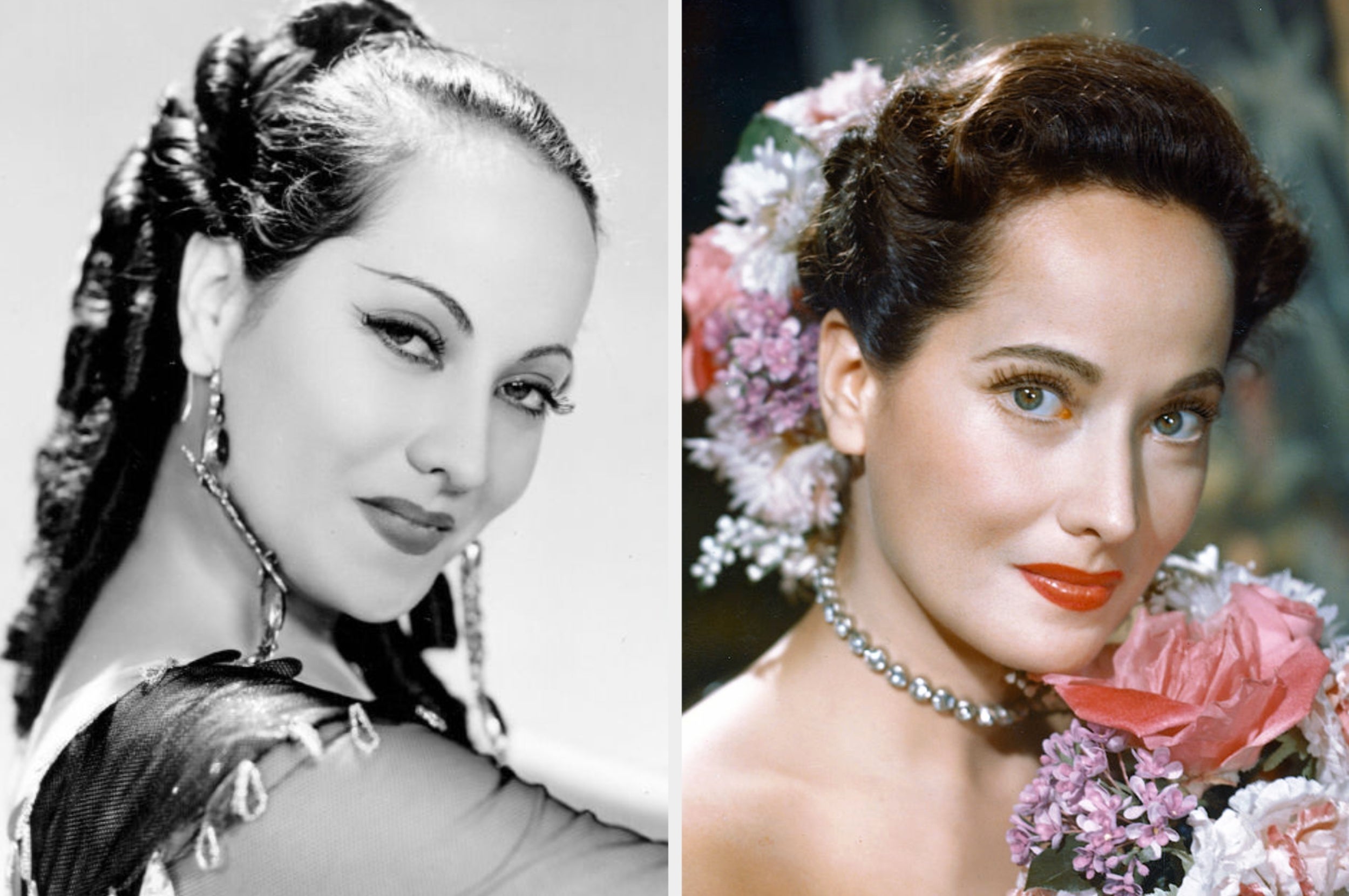 Two vintage portraits of a pistillate   with elaborate hairstyles and jewelry, featuring poised expressions