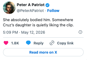 "She perfectly bodied him. Somewhere Cruz’s girl is softly liking the clip." 1.8K likes
