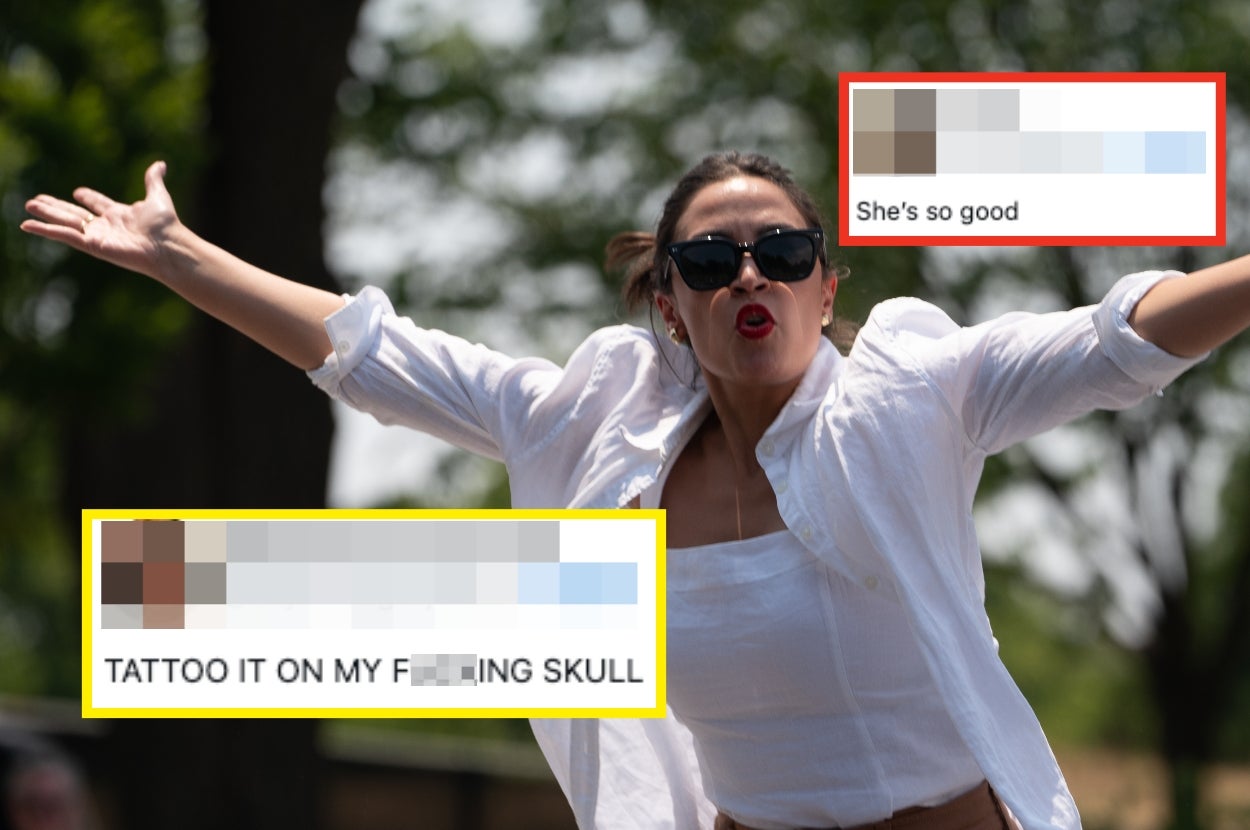 Person with outstretched arms, wearing sunglasses and a white outfit, outdoors. Comments read: "She's so good" and "TATTOO IT ON MY F---ING SKULL."