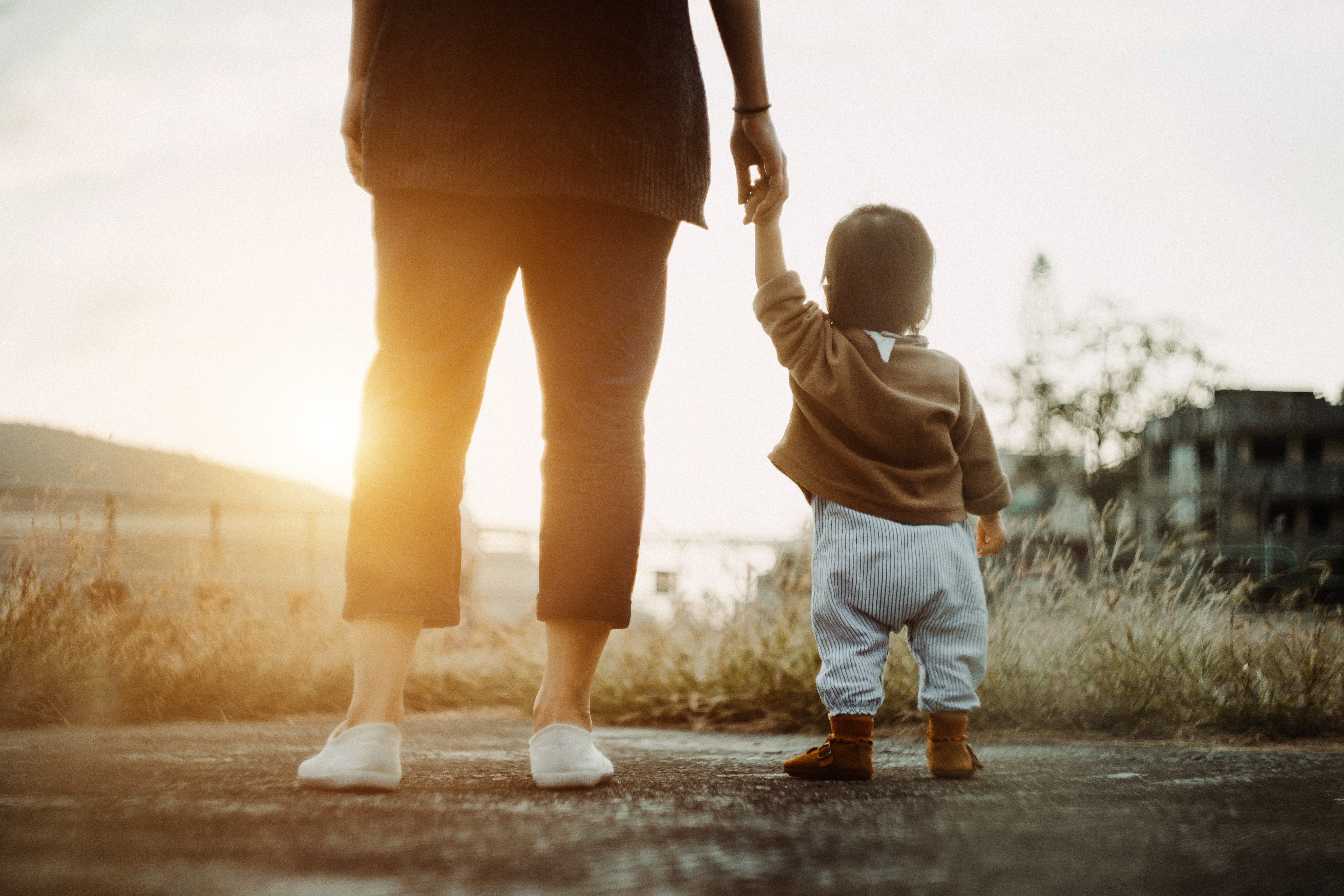 Adult and toddler holding hands, lasting  connected  a path, with a scenic presumption    successful  the background