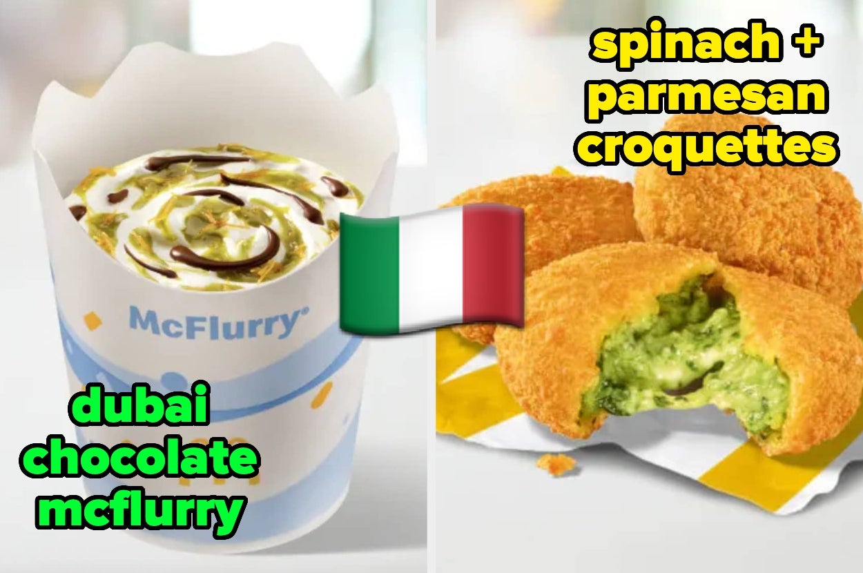 Dubai Chocolate McFlurry and spinach Parmesan croquettes next to an Italian flag illustration