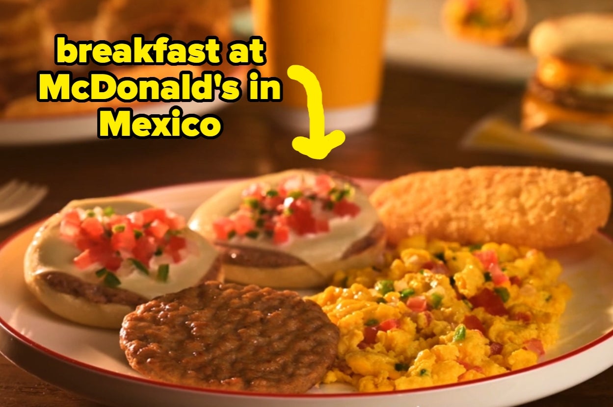 McDonald's breakfast in Mexico with scrambled eggs, hash brown, sausage patty, and muffins topped with salsa and cheese