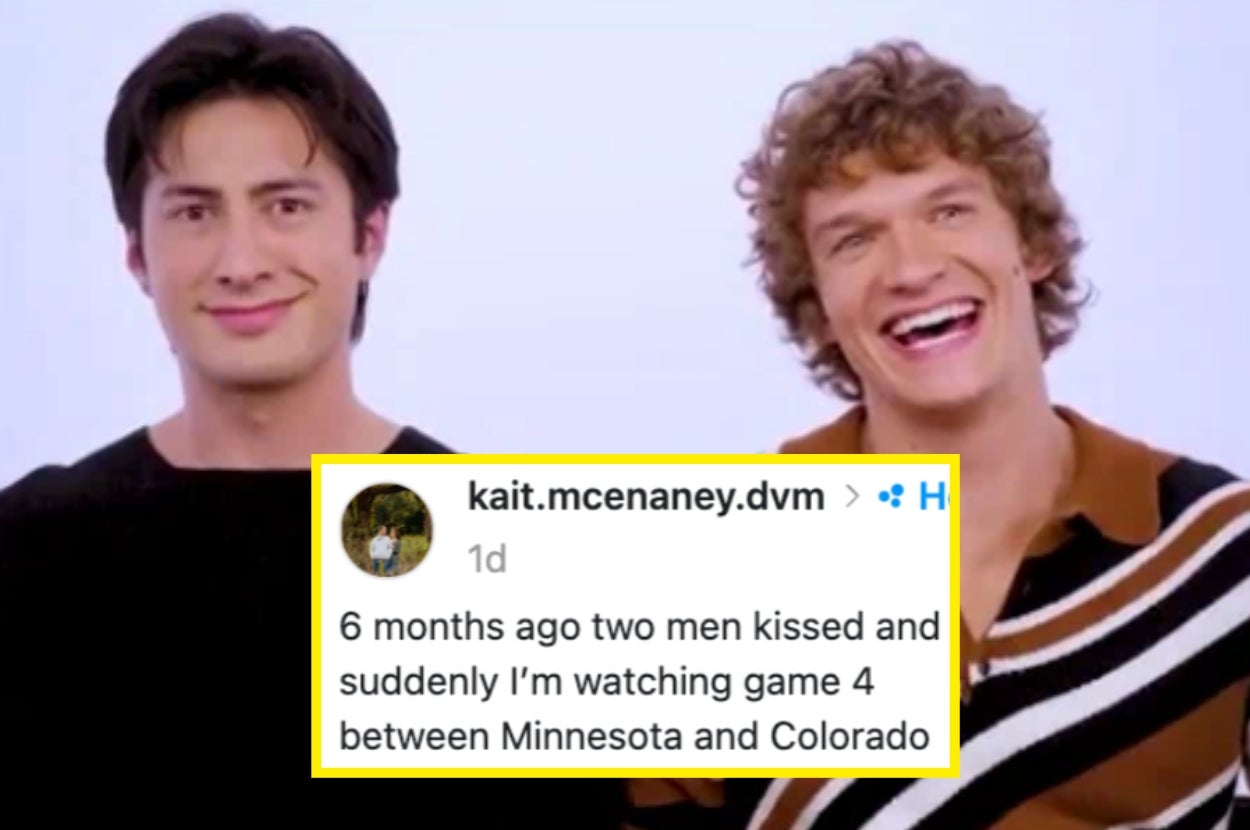 Two men smiling; one with curly hair wearing a casual striped top. A social media comment is overlaid about sports teams Minnesota and Colorado