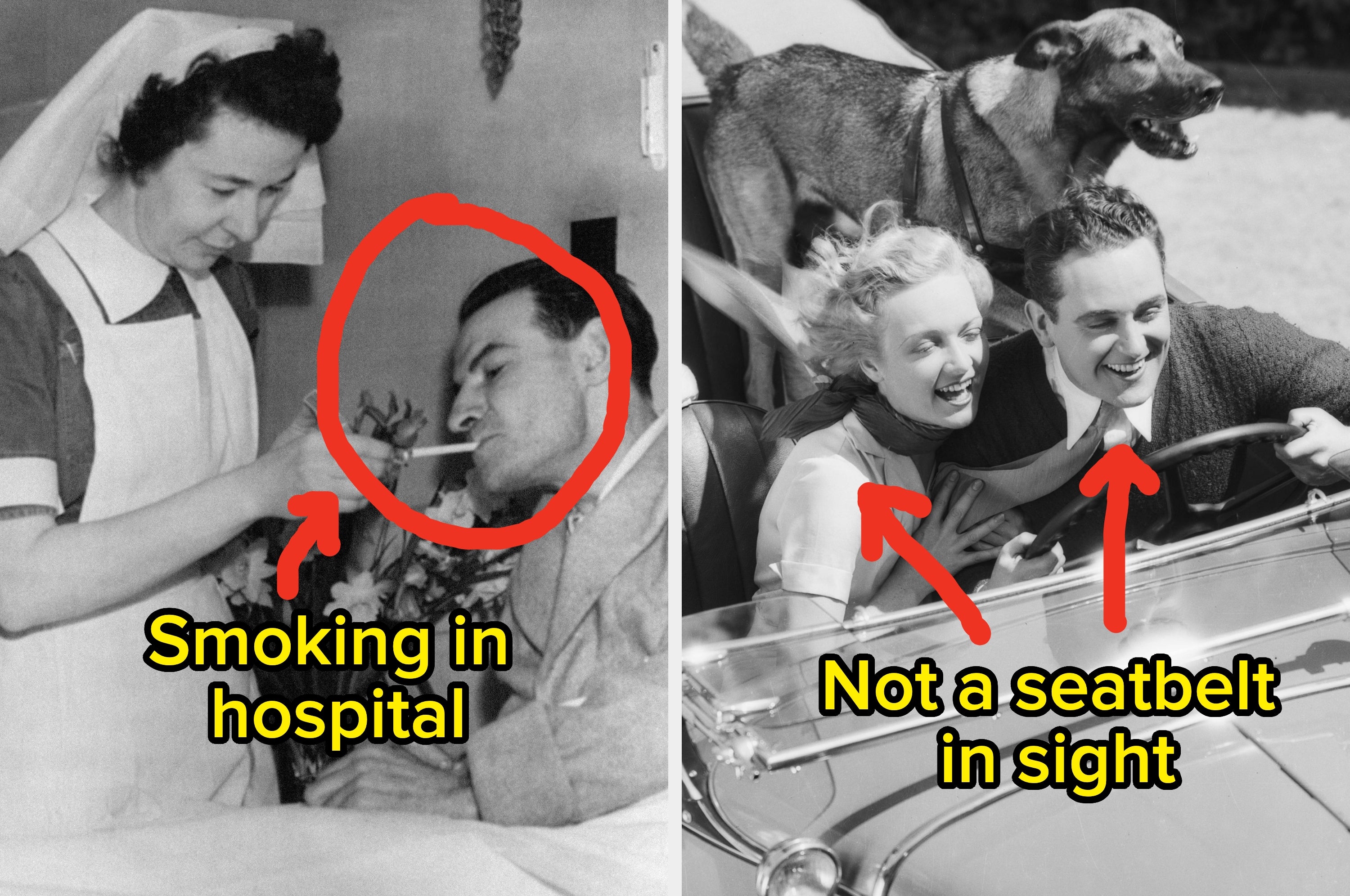 Two vintage photos: nurse helping a patient smoke in hospital; couple driving with a dog, no seatbelts visible. Retro safety norms highlighted