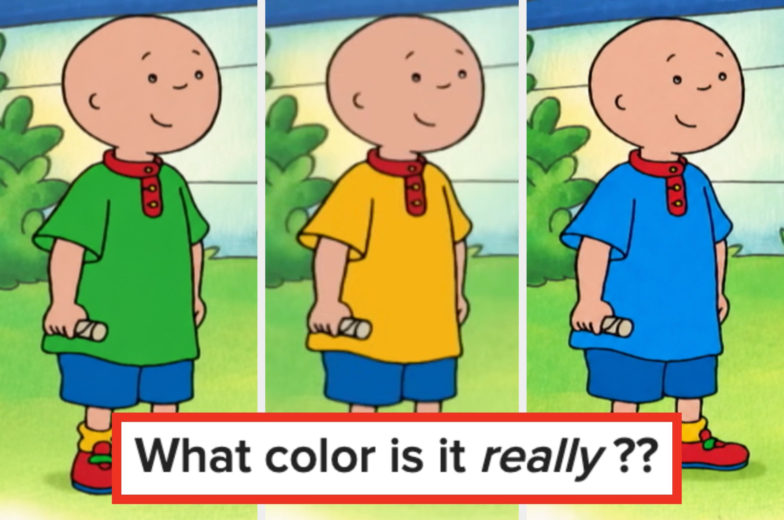 Animated character in three outfits: green shirt, yellow shirt, and blue shirt, with text asking, "What color is it really?"