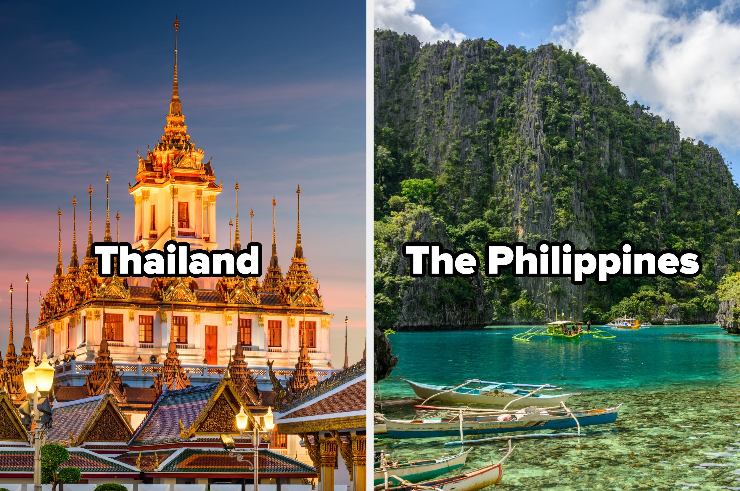 Comparison image of Thailand's ornate temple and the Philippines' scenic beach with boats and cliffs