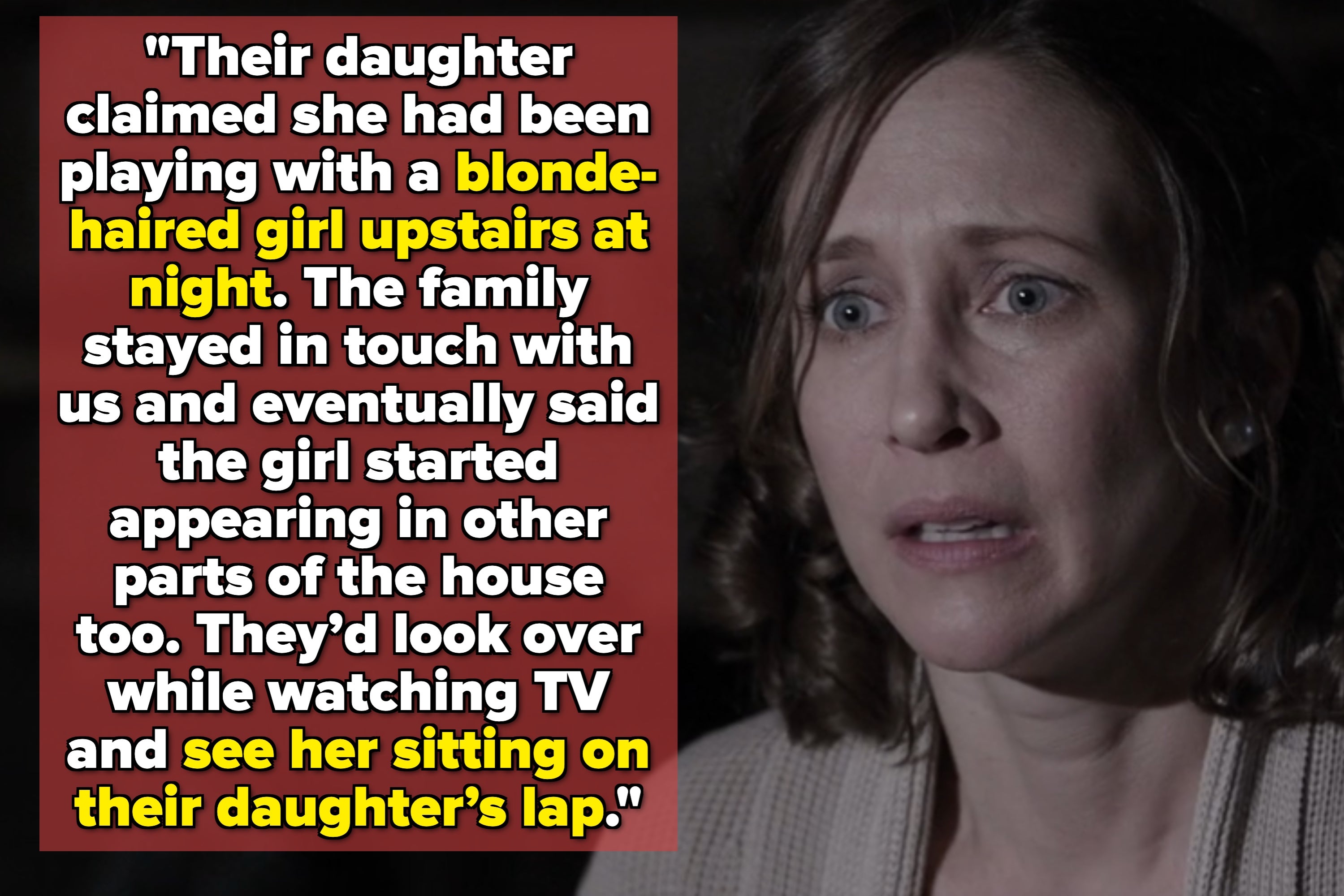 Image of a concerned woman in a kitchen with text about a family's ghostly experiences, mentioning a blonde-haired girl seen at night