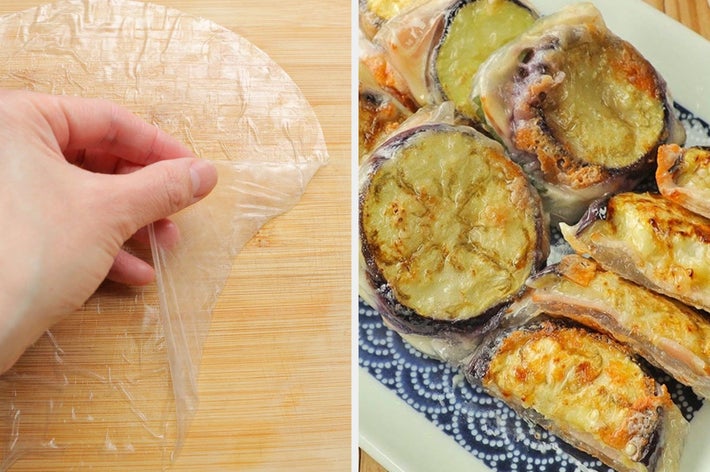 なすのベーコンチーズライスペーパー焼き