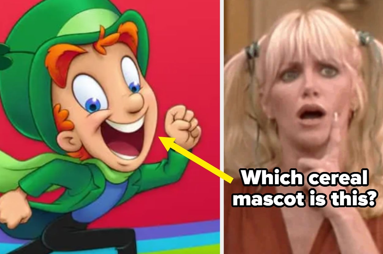 Cartoon leprechaun mascot shown beside a surprised woman with pigtails. Text: "Which cereal mascot is this?"
