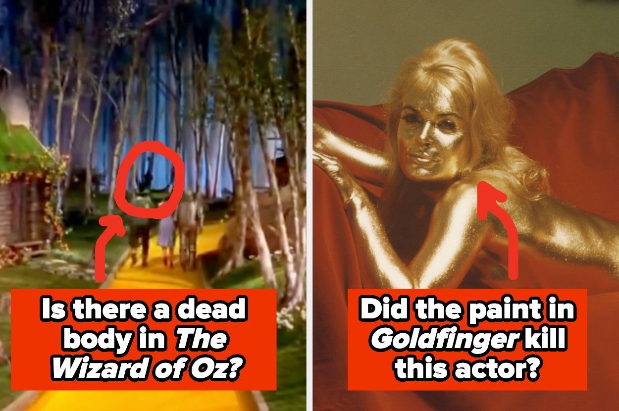 Image with two side-by-side frames: Left shows a circled figure in "The Wizard of Oz," right shows a painted actor in "Goldfinger."