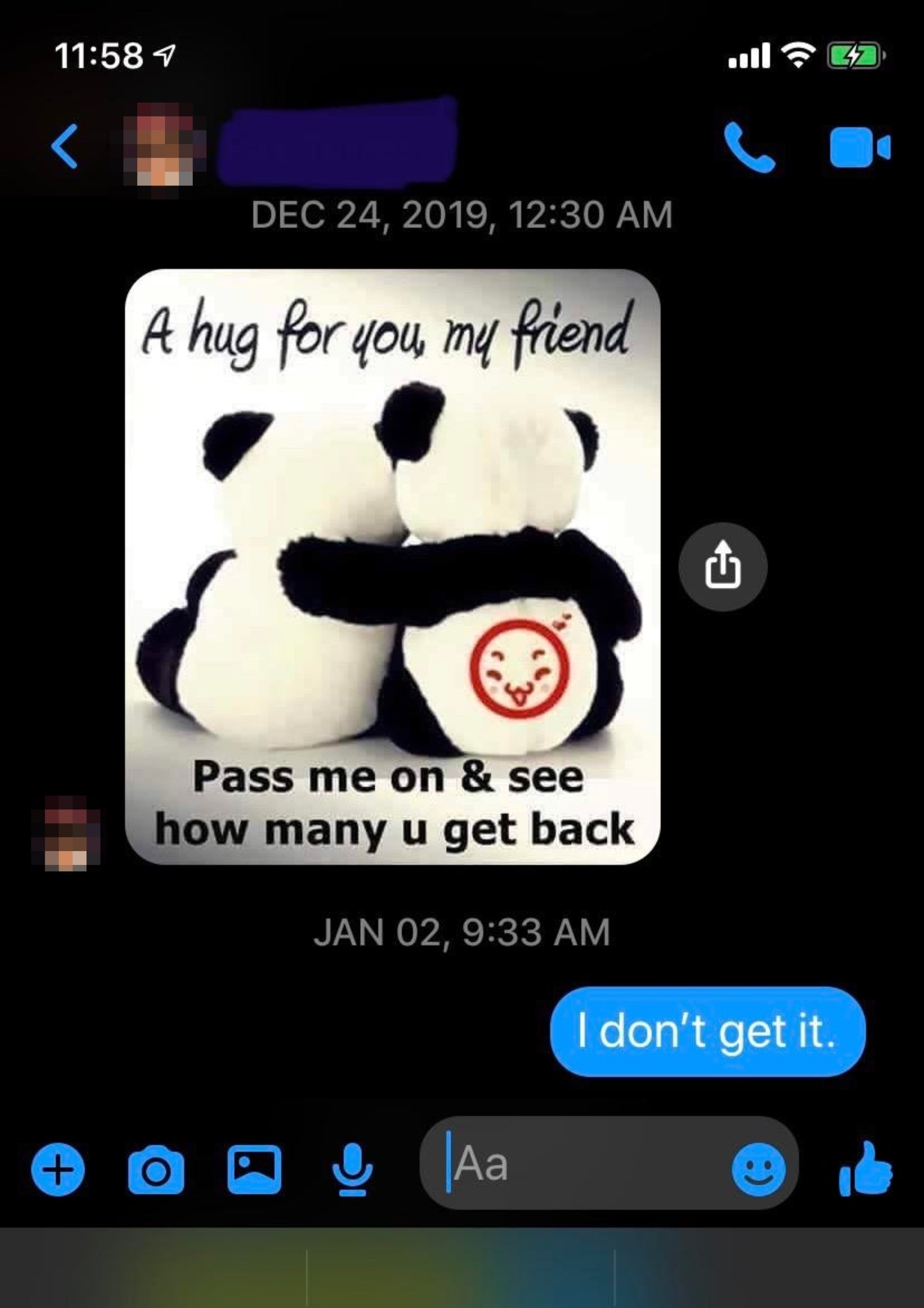 A phone screen shows a Facebook message with an image of hugging pandas and text about sending virtual hugs. A response reads, "I don't get it."