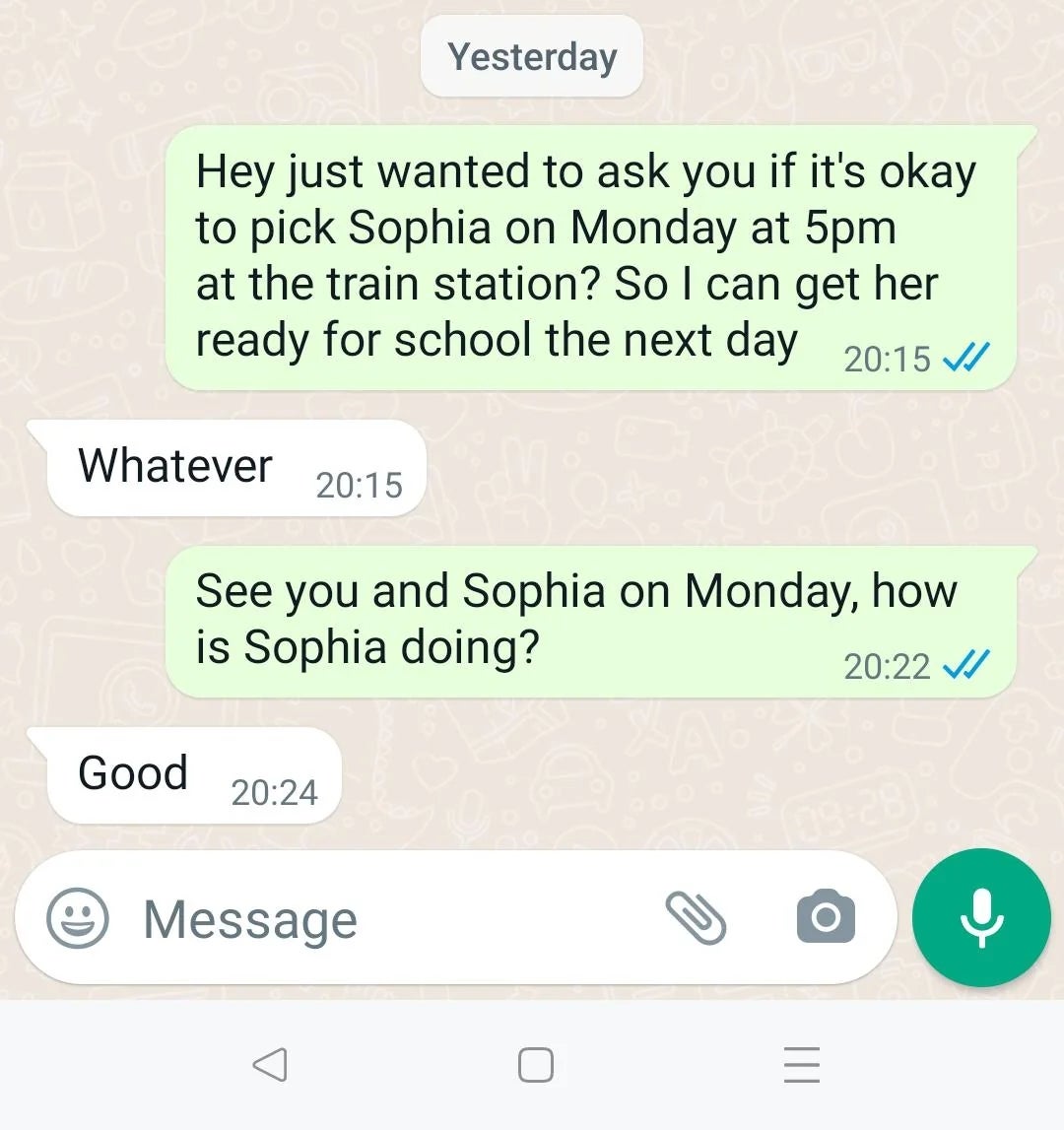 Text conversation about arranging to pick up Sophia on Monday at 5 PM at the train station