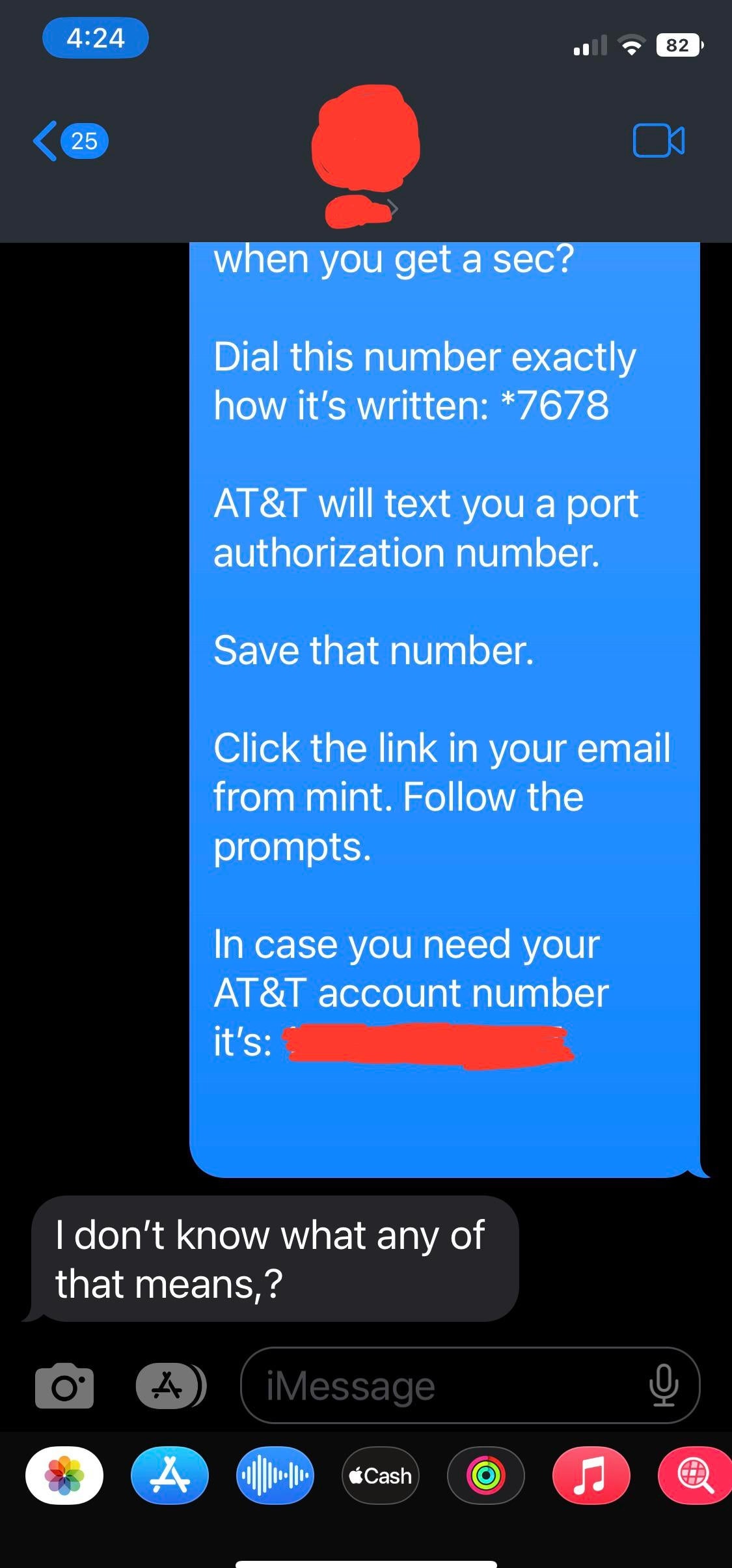 Screenshot of a text conversation. One person provides instructions for port authorization and account numbers. The other person expresses confusion