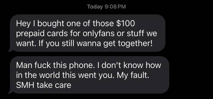 Text message exchange with a user expressing regret for sending the previous message to the wrong person