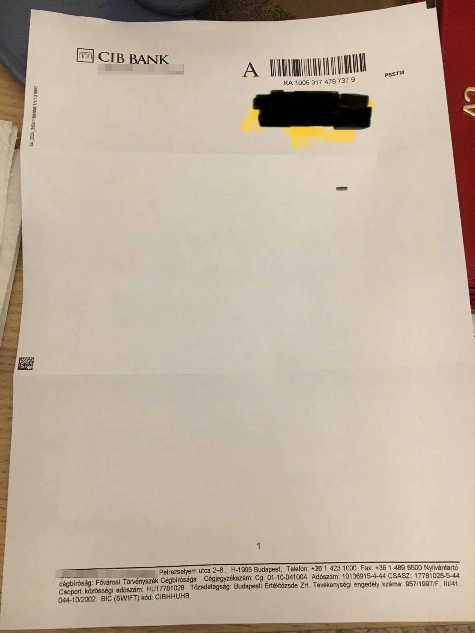 A bank statement with redacted account details at the top and numerous bank information details printed at the bottom