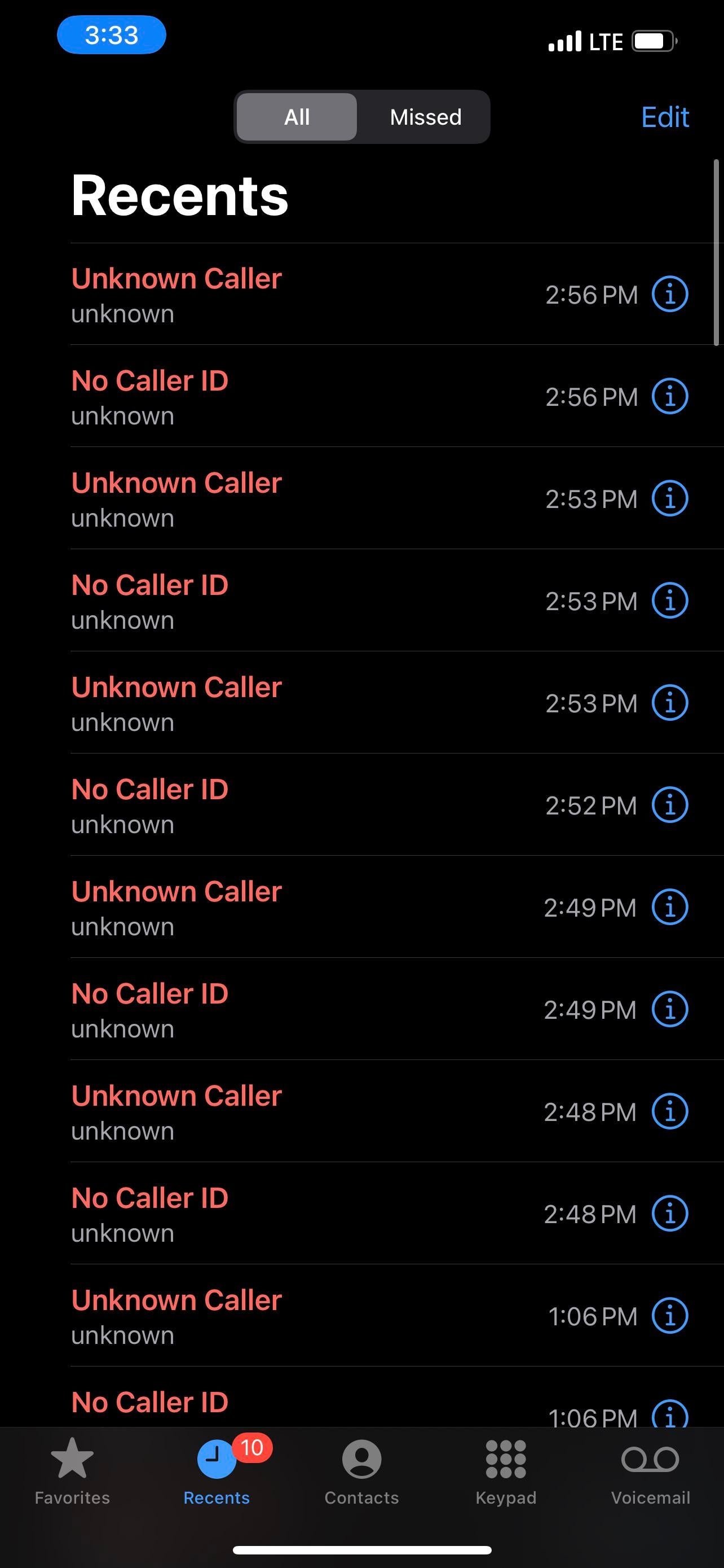 iPhone screen showing a call log with multiple missed calls labeled as "Unknown Caller" and "No Caller ID" at various times