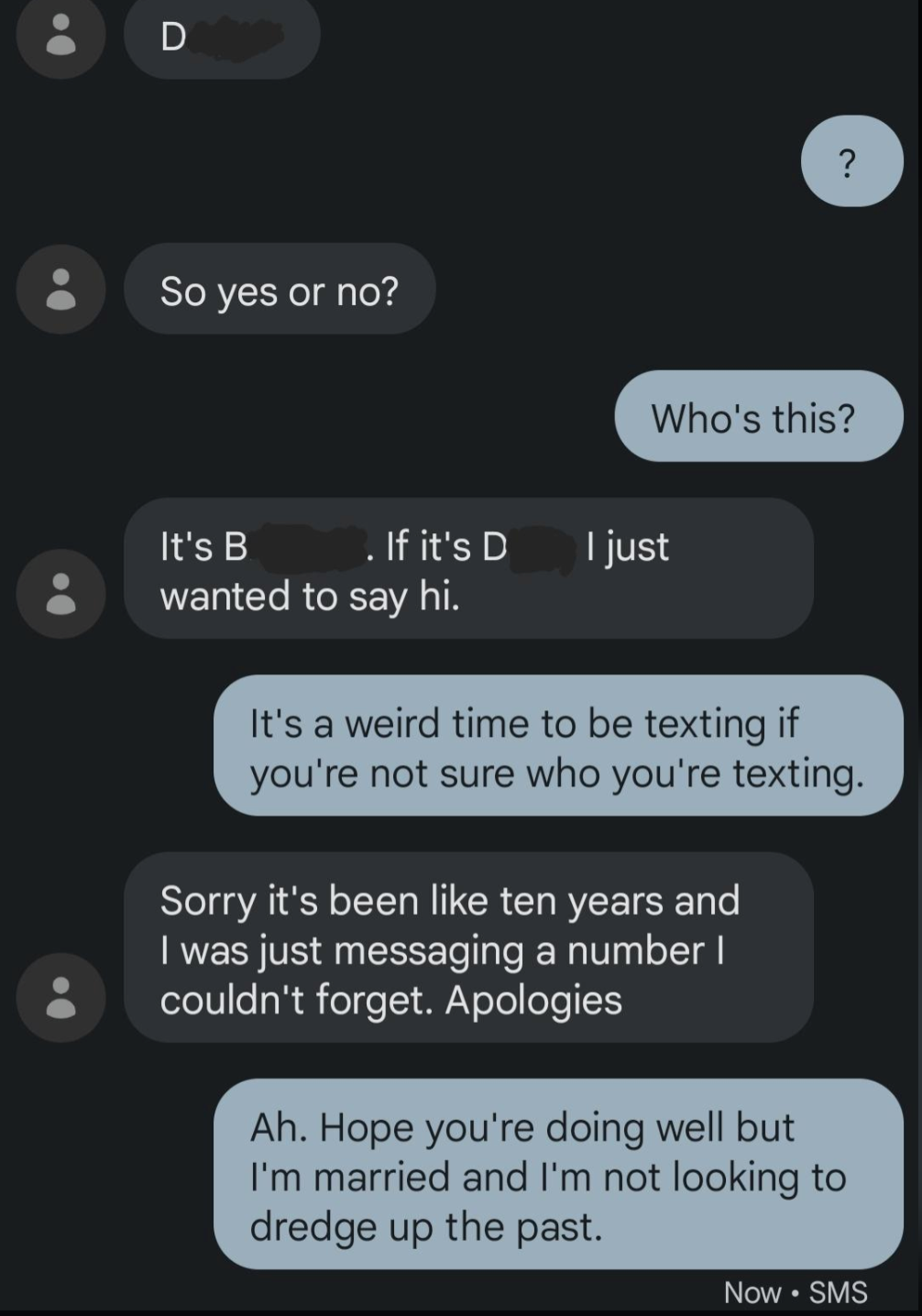 Text conversation where someone incorrectly identifies a person. The other person clarifies they're married and not interested in the past