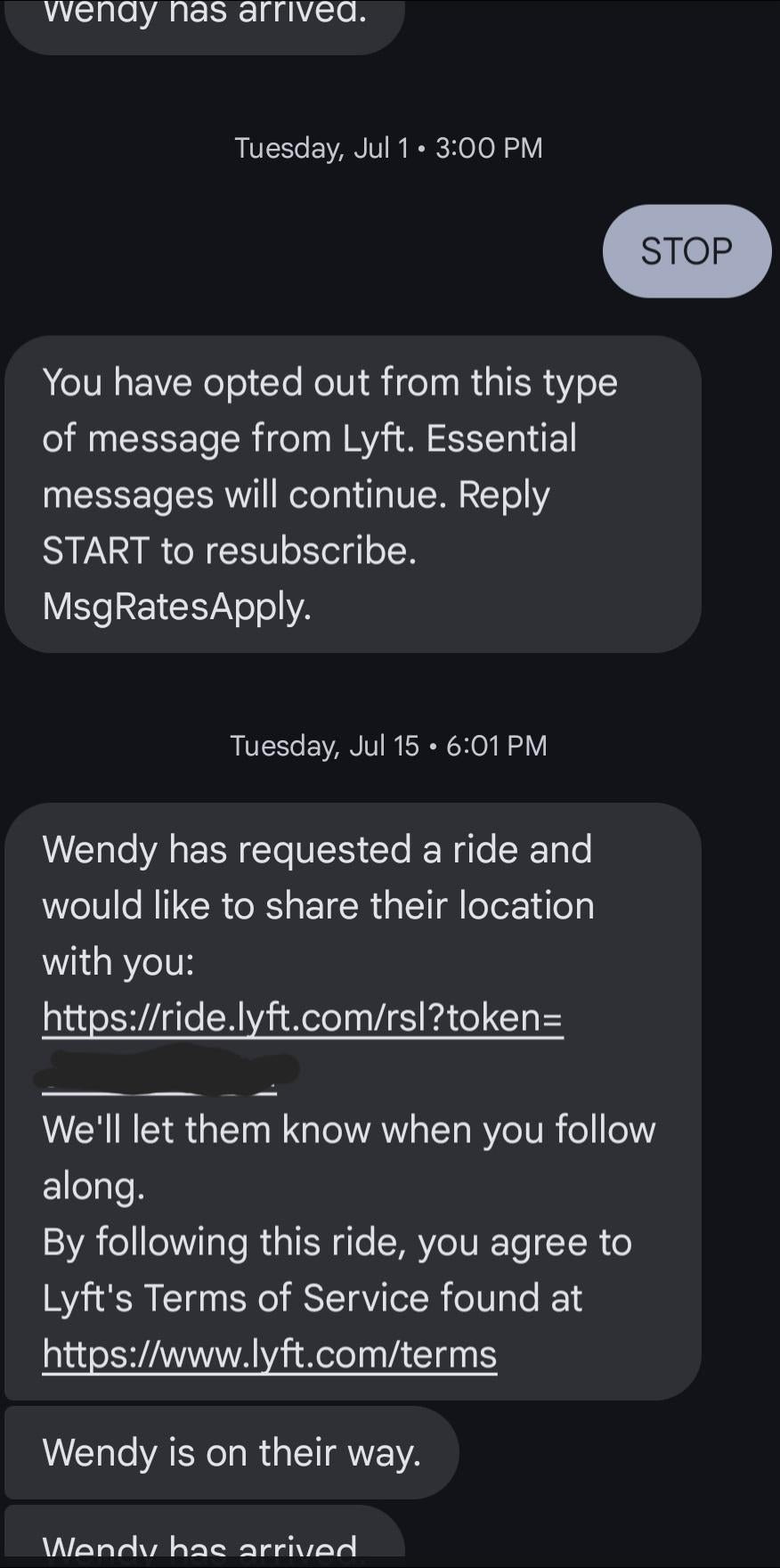 Text conversation with Lyft about ride details and location sharing