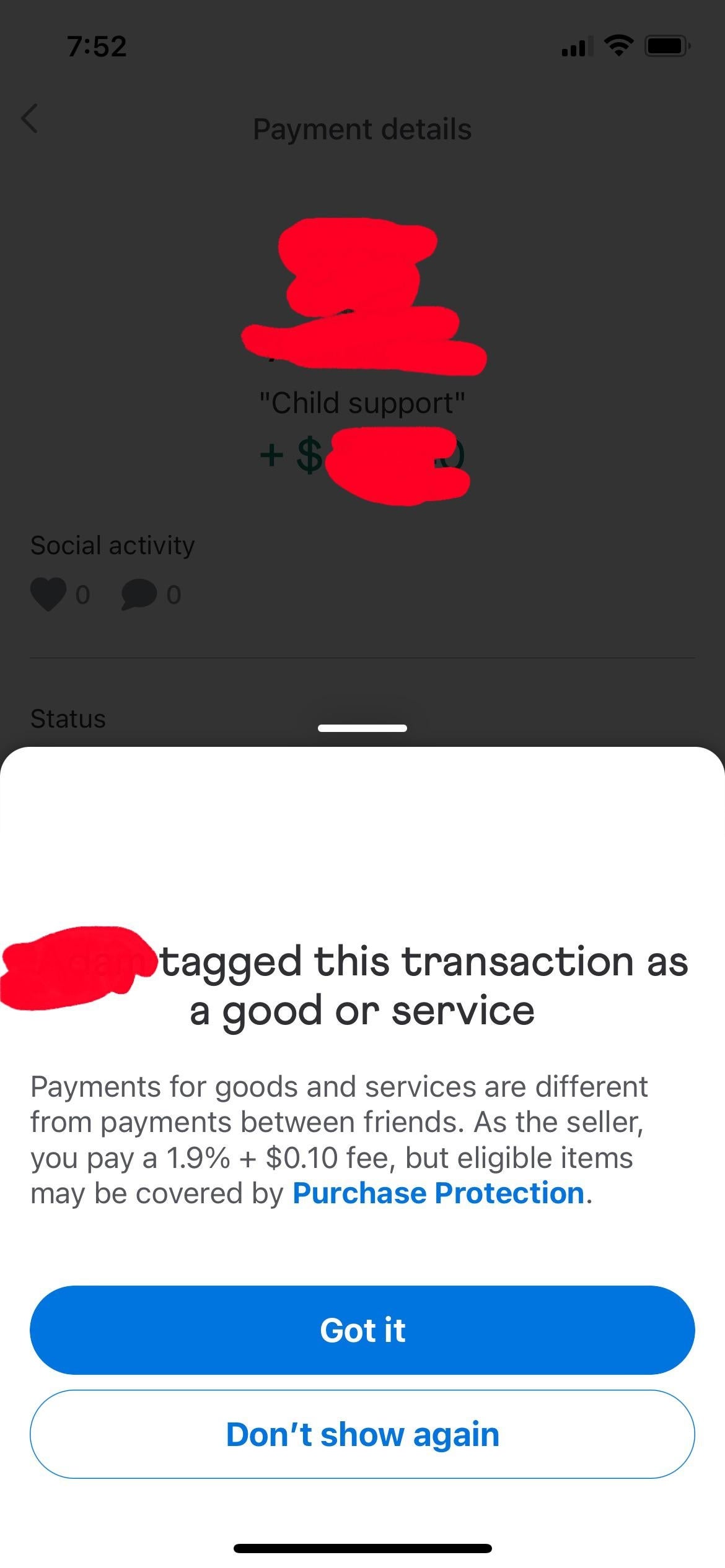 A notification indicating that a "child support" payment was tagged as a transaction for goods or services, with details about applicable fees