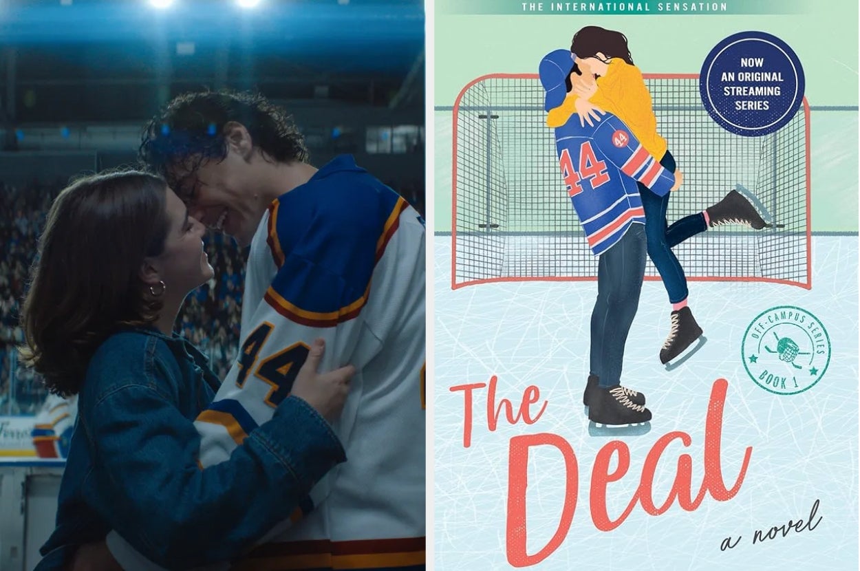 Two-person romantic moment on an ice rink next to a book cover showing a couple in a playful, affectionate pose wearing hockey jerseys