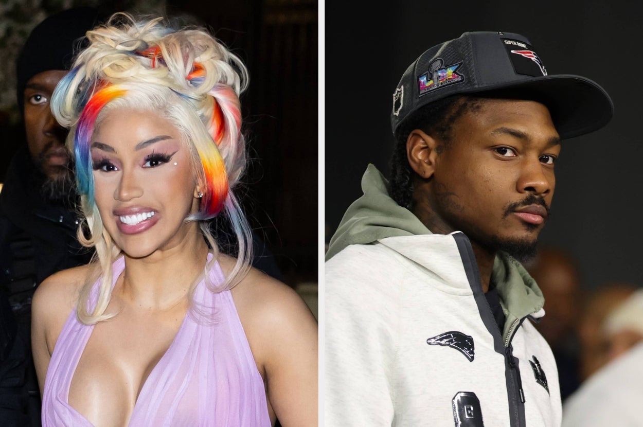 Two celebrities are pictured. The woman has colorful hair in an updo and a purple dress. The man wears a cap and a jacket with logos