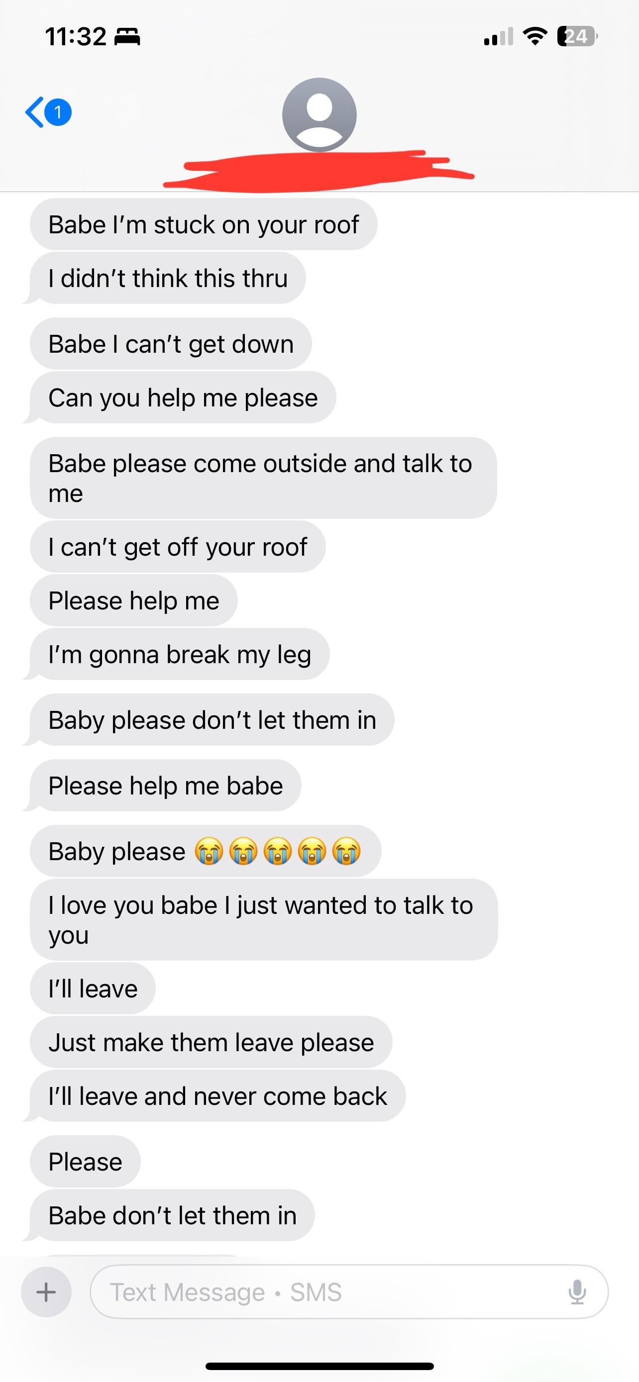 Text message conversation where someone is pleading for help, stuck on a roof, asking for communication, and expressing emotions