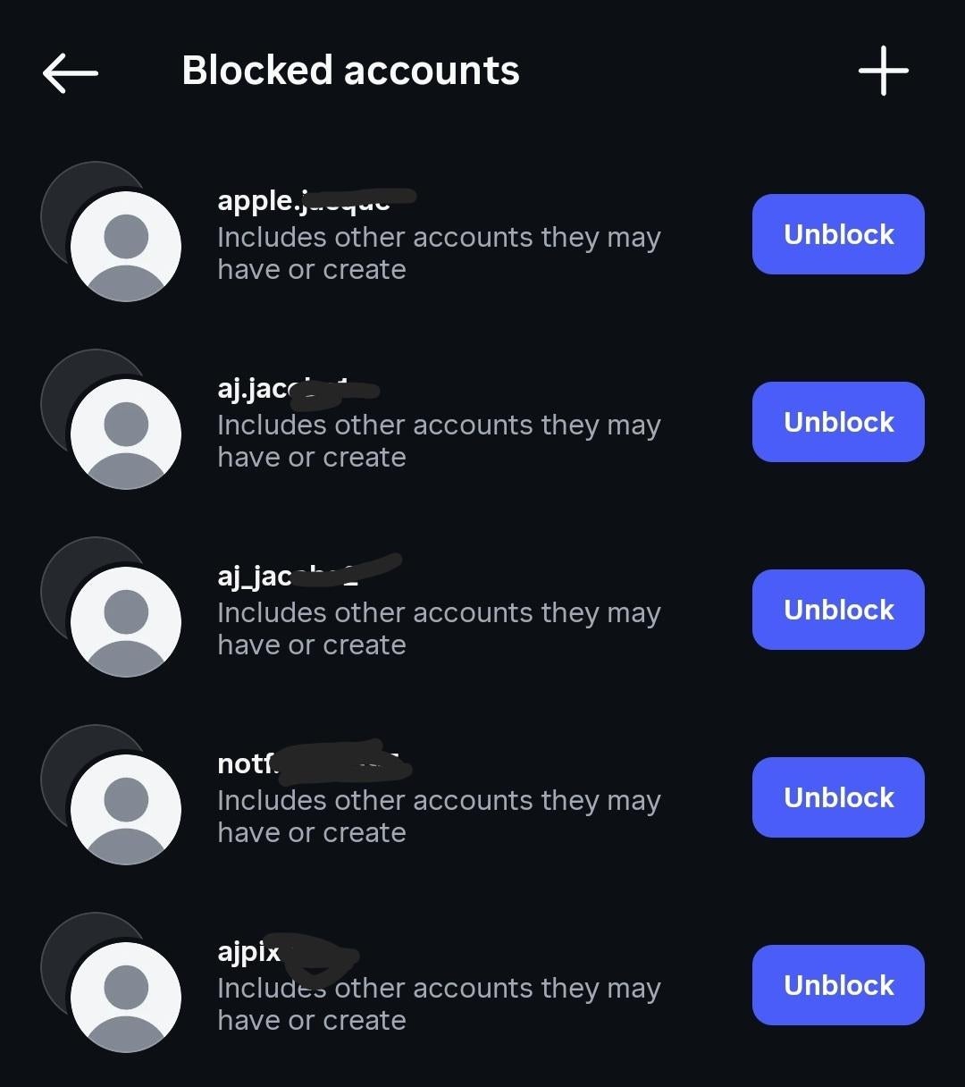 List of blocked accounts on a social media app, each with an option to unblock