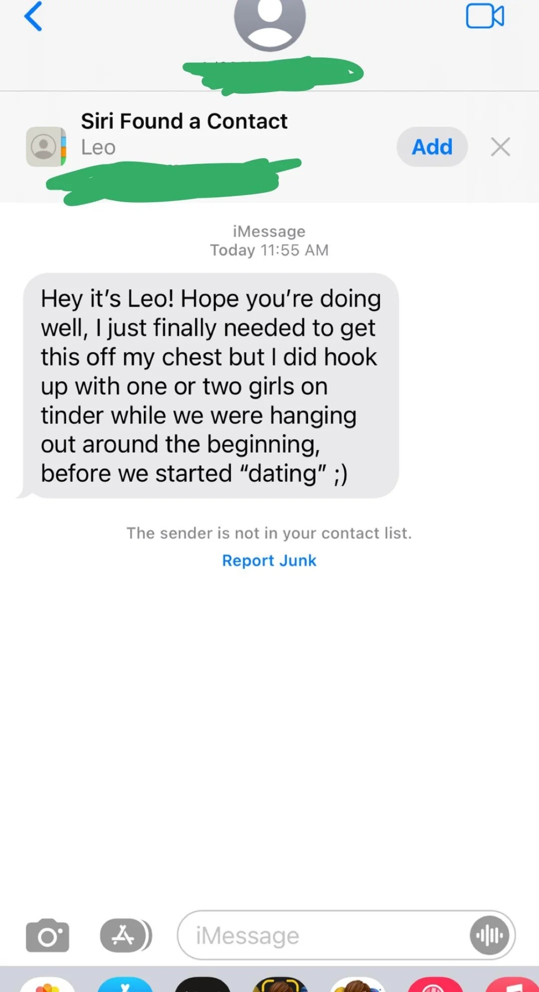 Text conversation with someone named Leo revealing they hooked up with others on Tinder before dating
