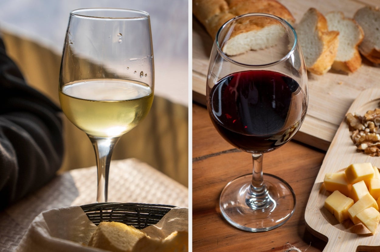 A glass of white wine on a table with bread and a glass of red wine next to cheese and nuts