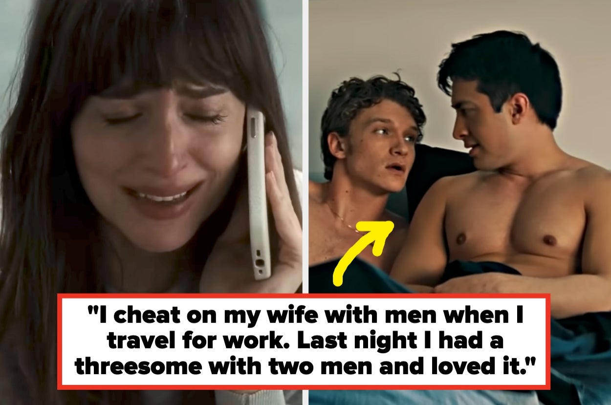 Woman cries on phone. Two shirtless men are on a bed. Caption mentions cheating on wife with men, and a threesome experience