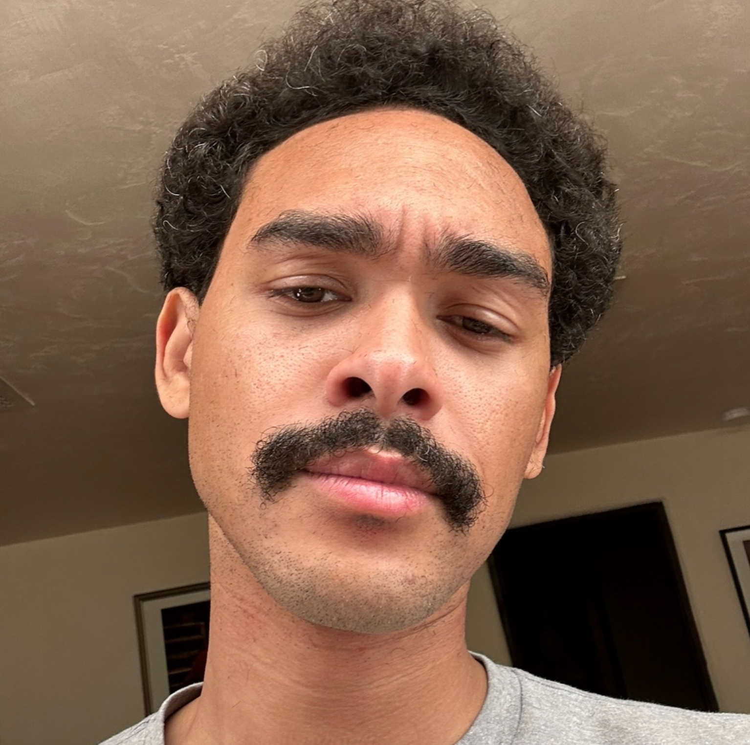 A idiosyncratic   with a mustache and curly hairsbreadth  looks down   astatine  the camera, wearing a casual garment  indoors