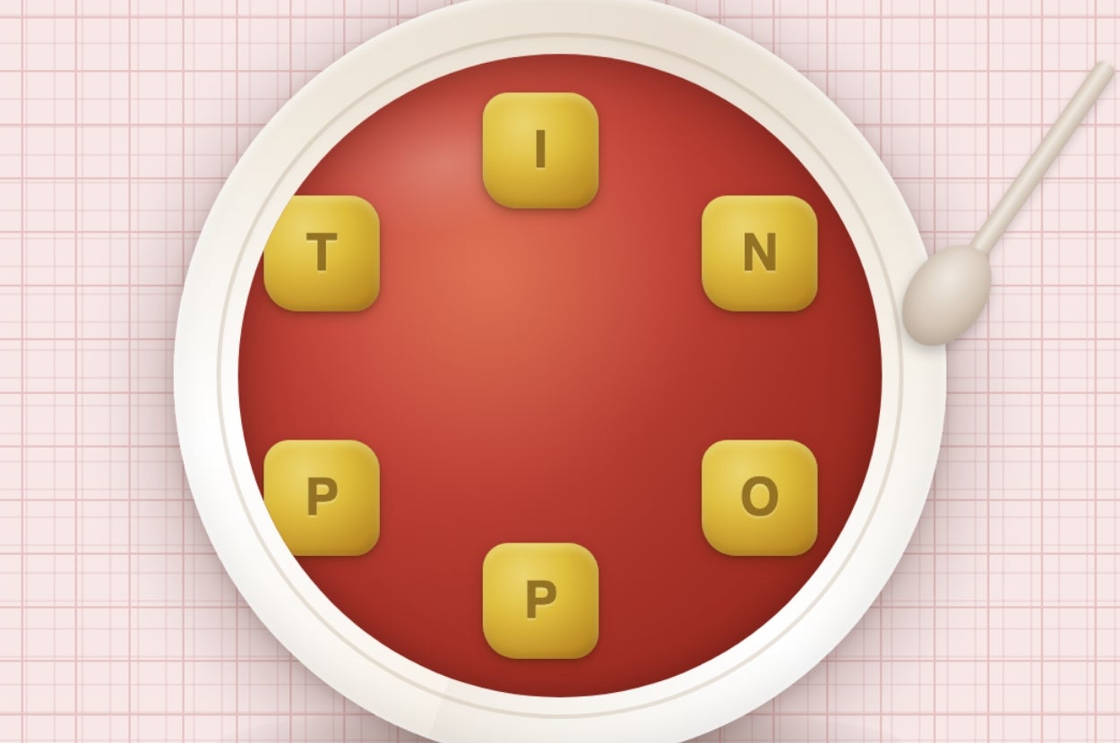 Game interface with a circular red board and five yellow tiles arranged in a circle, each displaying a letter: T, I, N, P, O