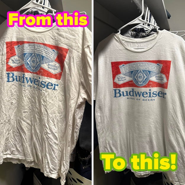 Two T-shirts are shown: the left is wrinkled, and the right is neatly folded. Both have a Budweiser logo. Text reads, "From this! To this!"