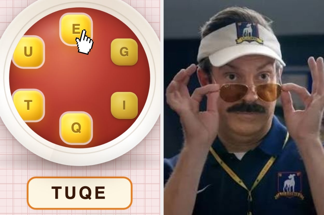 Word game puzzle with letters forming "TUQE" on left; person on right wearing a visor, holding sunglasses
