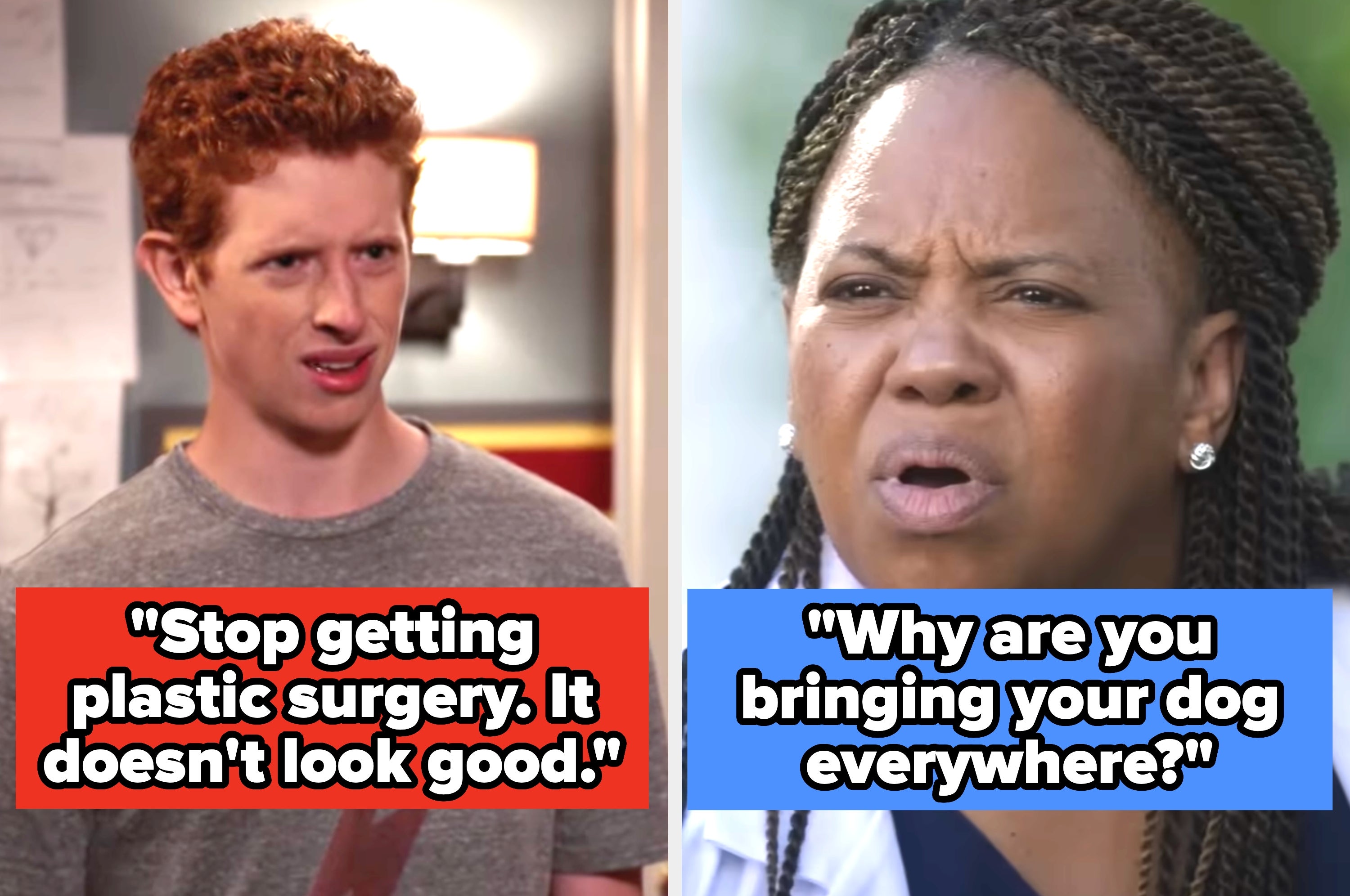 Two people with expressive reactions; one wears a casual T-shirt, the other a lab coat, appearing in different settings