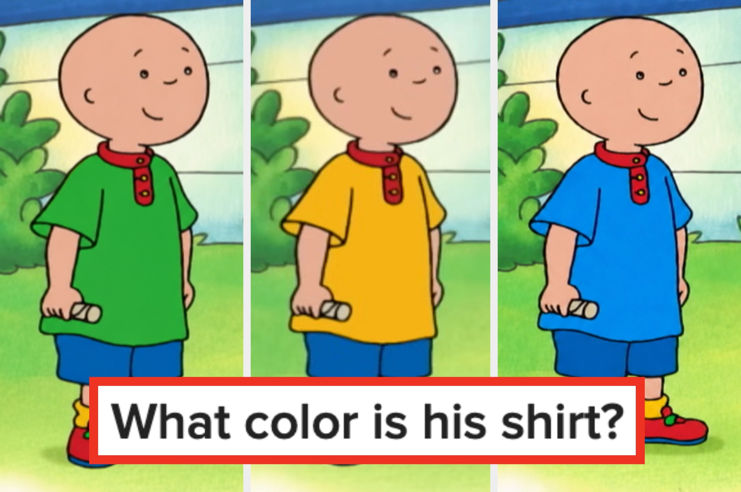 Cartoon character Caillou wears shirts in green, yellow, and blue in three images. Text below asks, "What color is his shirt?"