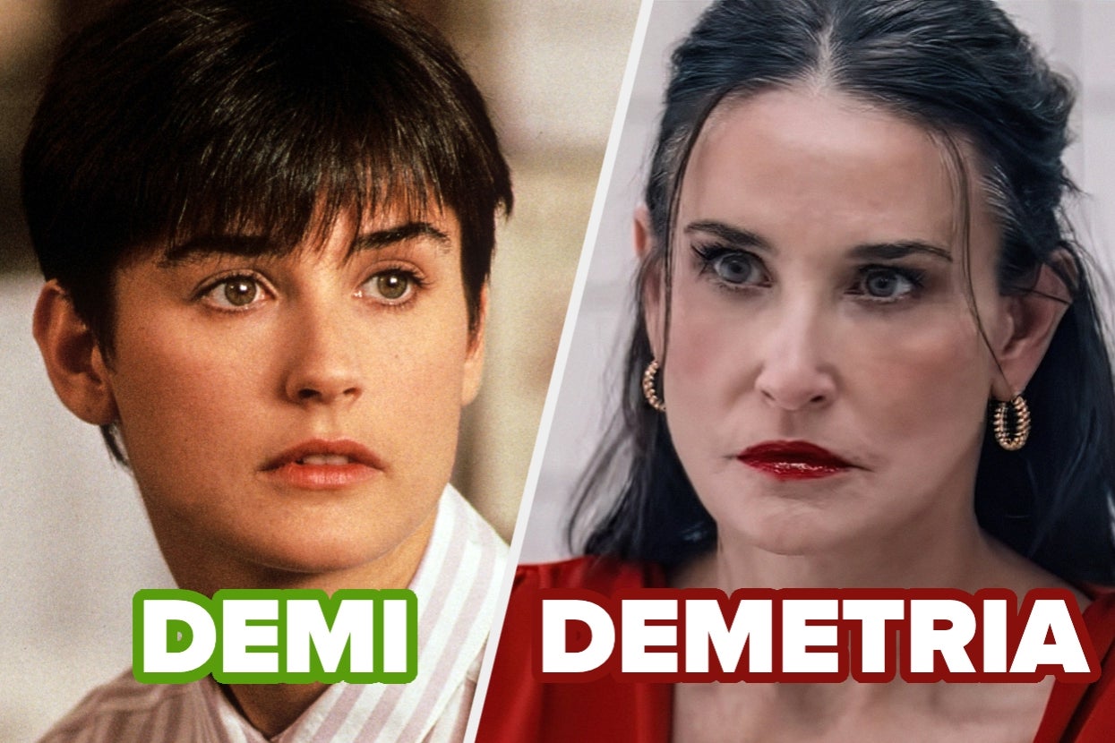 Two side-by-side images of Demi Moore: Left shows Demi with short hair in the movie Ghost, labeled Demi, with the other of Demi Moore with long hair and hoop earrings in the Substance, labeled Demetria