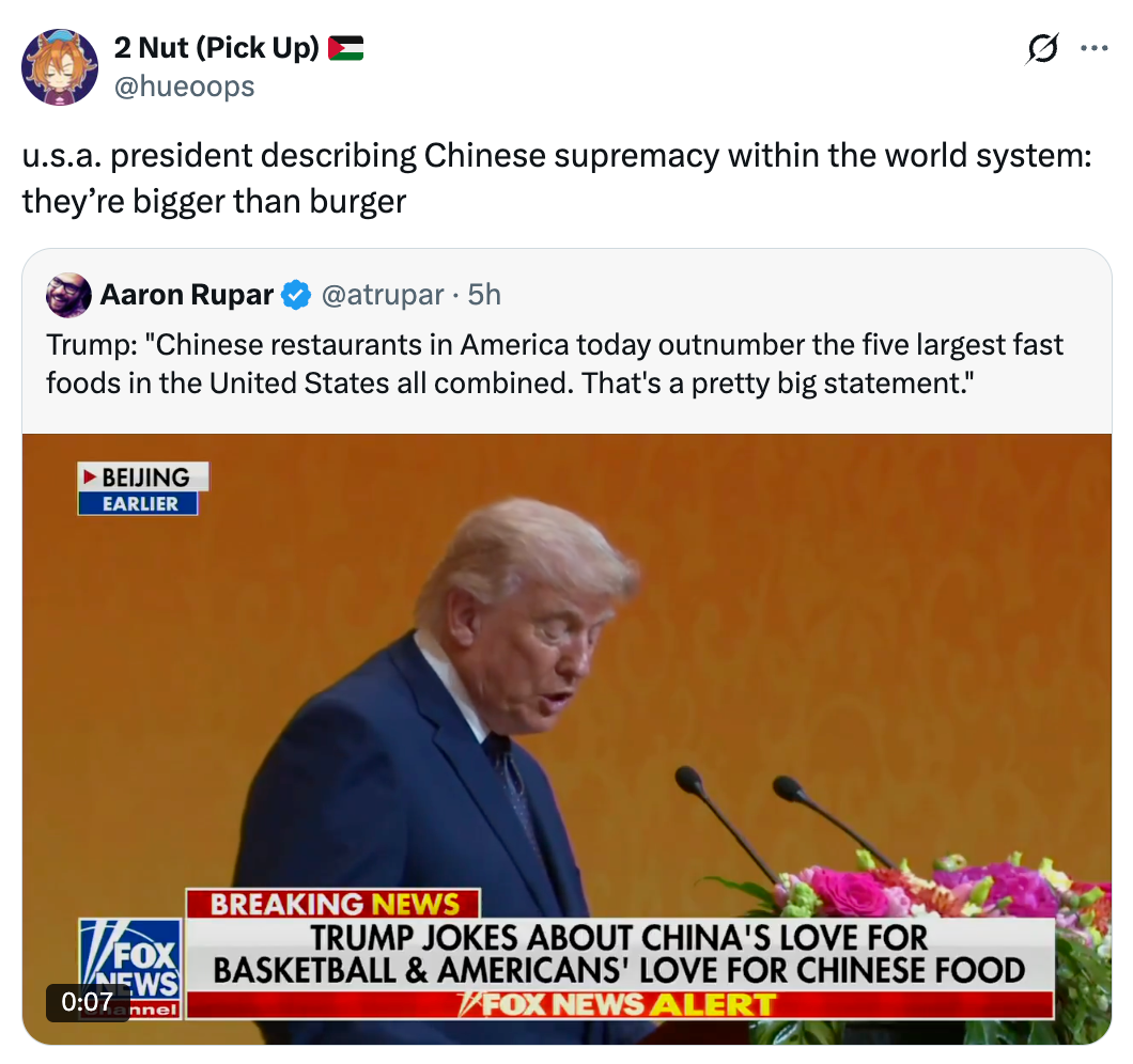 Screenshot of a tweet from a quality    broadcast showing a nationalist   fig  jokingly discussing Chinese restaurants successful  the U.S., implying their prevalence